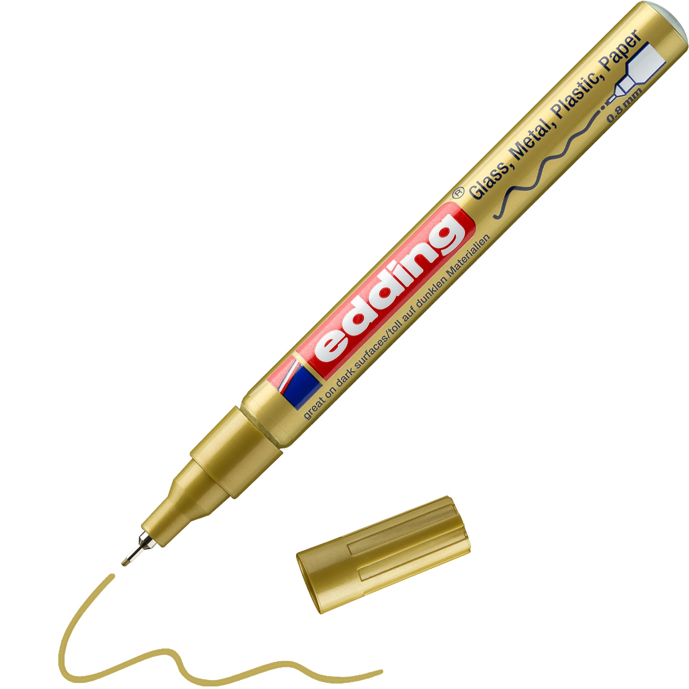 Ein goldener edding 780 Glanzlackmarker ohne Kappe liegt neben einer goldenen Wellenlinie. Auf dem Etikett steht „edding“ und weist darauf hin, dass er auf Glas, Metall, Kunststoff und Papier schreibt – ideal für kreative Hochglanzfarbeffekte.