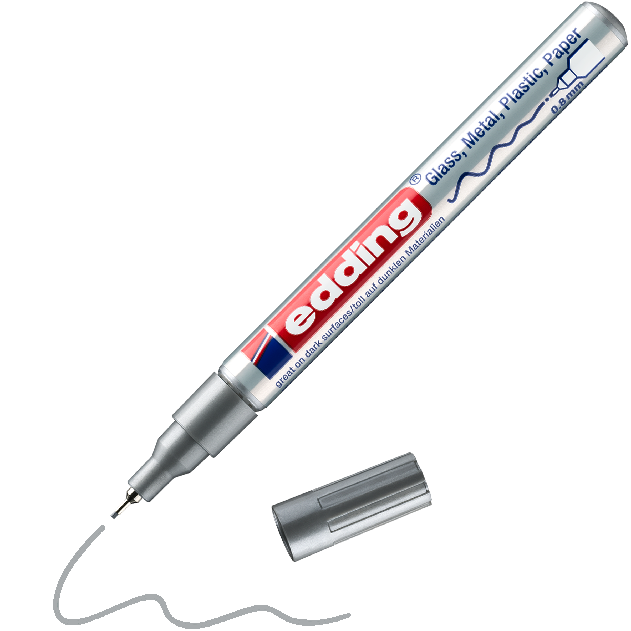 Ein silberner edding 780 Glanzlackmarker liegt ohne Kappe schräg auf der Oberfläche, die Spitze zeichnet eine wellenförmige graue Linie – perfekt für kreatives Arbeiten auf Glas, Metall, Kunststoff und Papier. Das Etikett glänzt in den Hochglanzfarben der Marke edding.