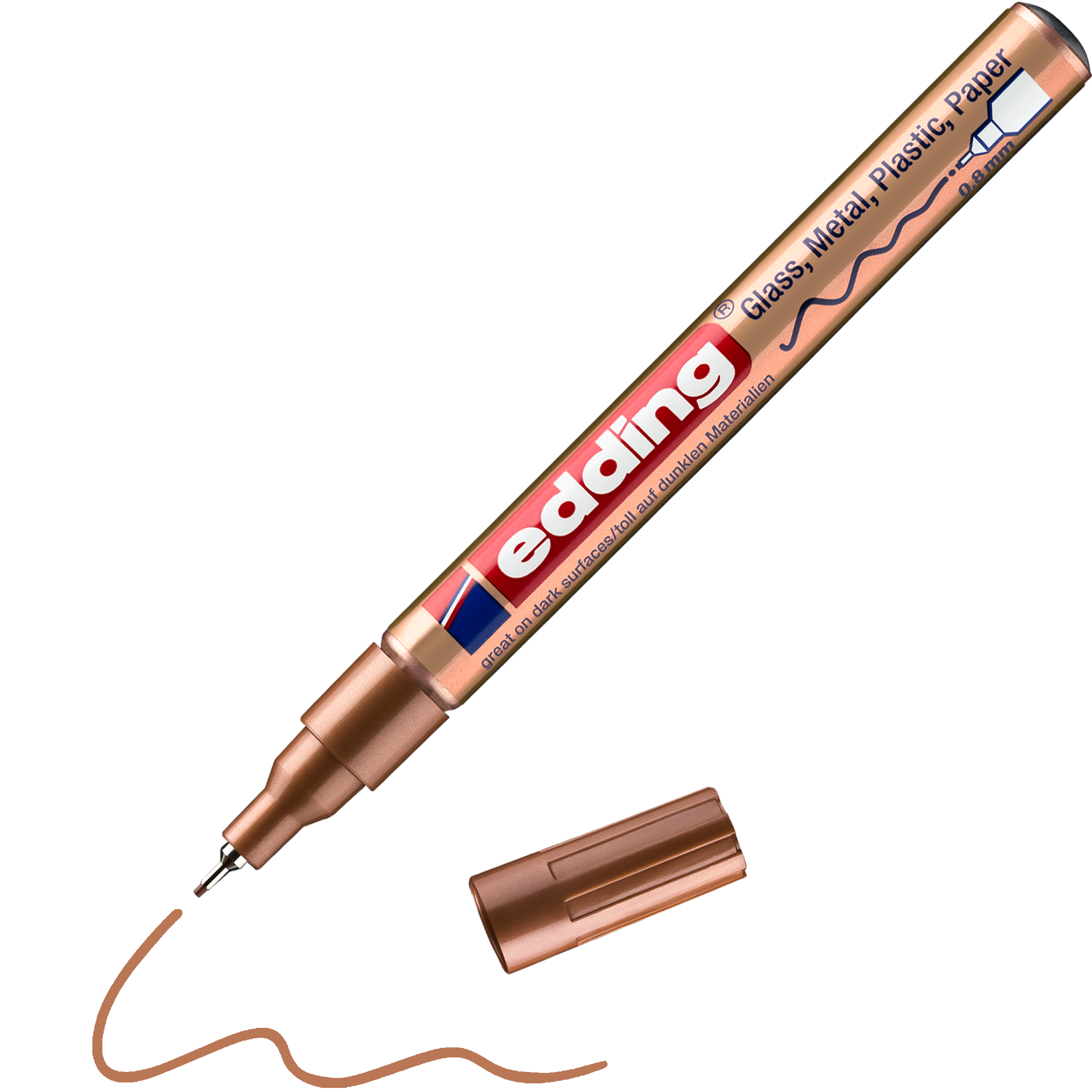 Ein bronzefarbener edding 780 Glanzlackmarker ohne Kappe liegt neben einer gewellten Bronzelinie – ideal für kreatives Zeichnen. Das Etikett zeigt die Eignung für Glas, Metall, Kunststoff und Papier an.