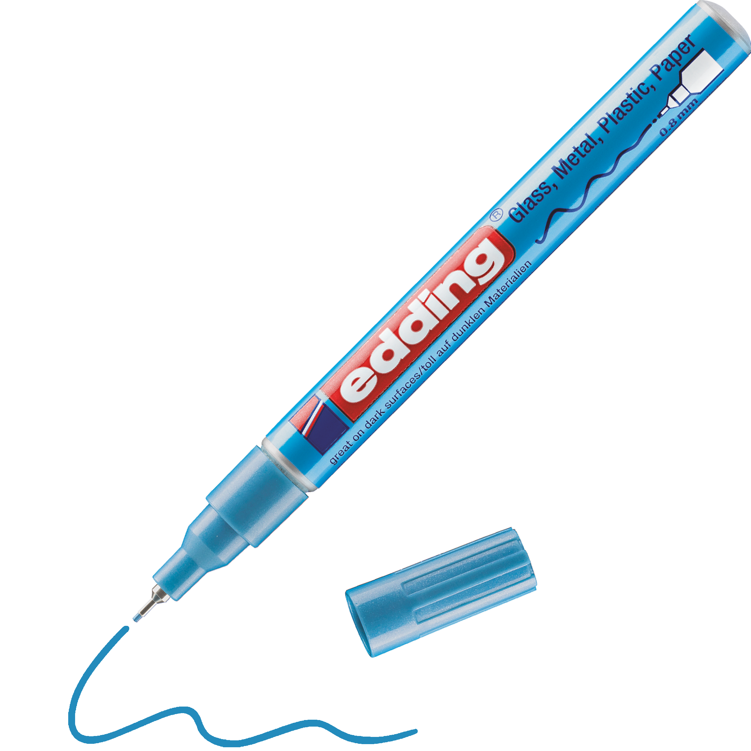 Daneben liegt ein blauer edding 780 Glanzlackmarker von edding ohne Kappe. Er zeichnet eine blaue Wellenlinie und das Etikett zeigt, dass er für Glas, Metall, Kunststoff und Papier geeignet ist – perfekt für kreatives Zeichnen auf Hochglanzfarben.