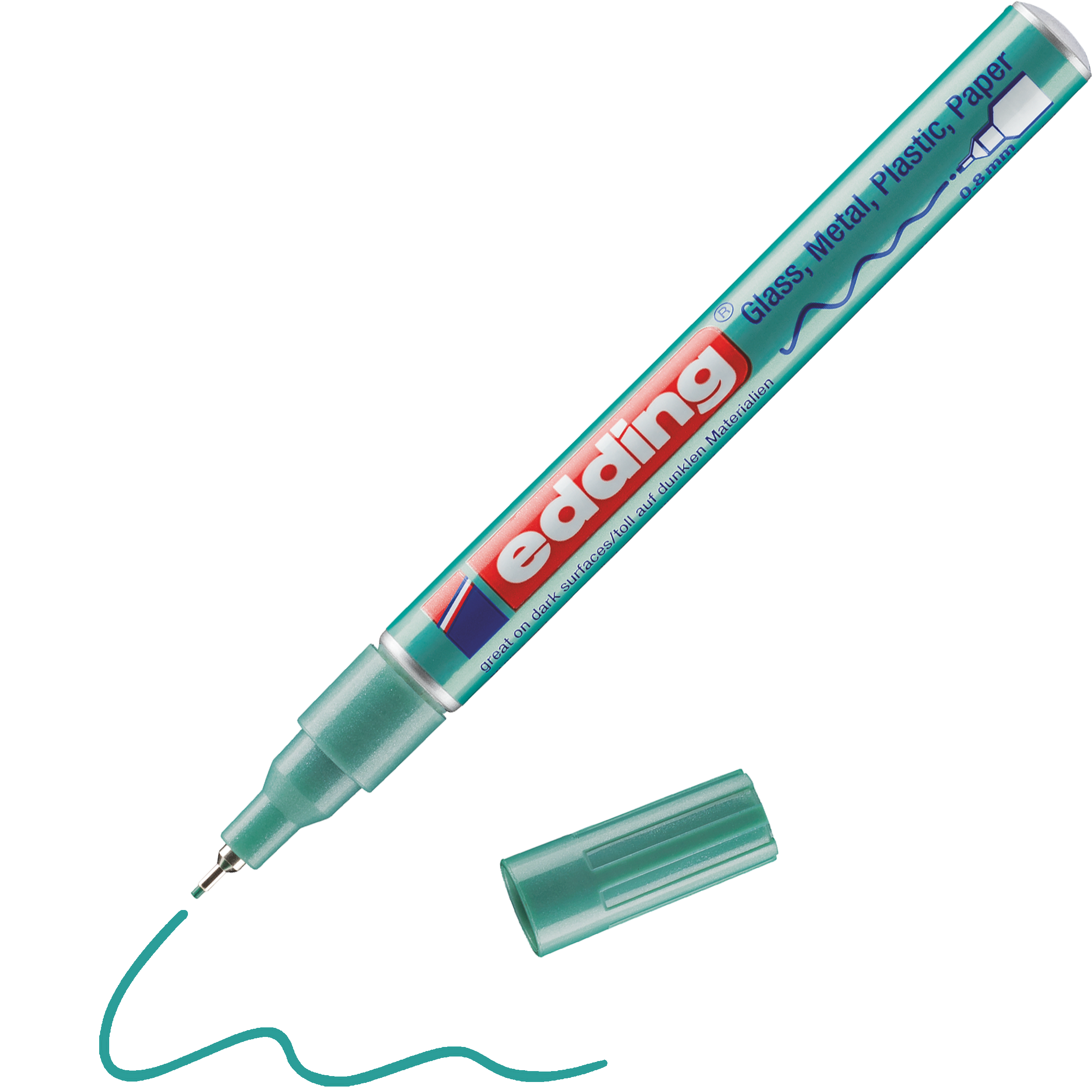 Ein grüner edding 780 Glanzlackmarker ohne Kappe liegt daneben und hat eine wellenförmige grüne Linie – ideal von edding für kreatives Zeichnen oder kräftige Markierungen auf hochglanzfarbenen Oberflächen.