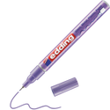 Ein edding 780 Glanzlackmarker von edding ohne Kappe liegt neben einer violetten Wellenlinie. Er eignet sich für Glas, Metall, Kunststoff und Papier und verleiht Ihren Projekten glänzende und metallische Farben.