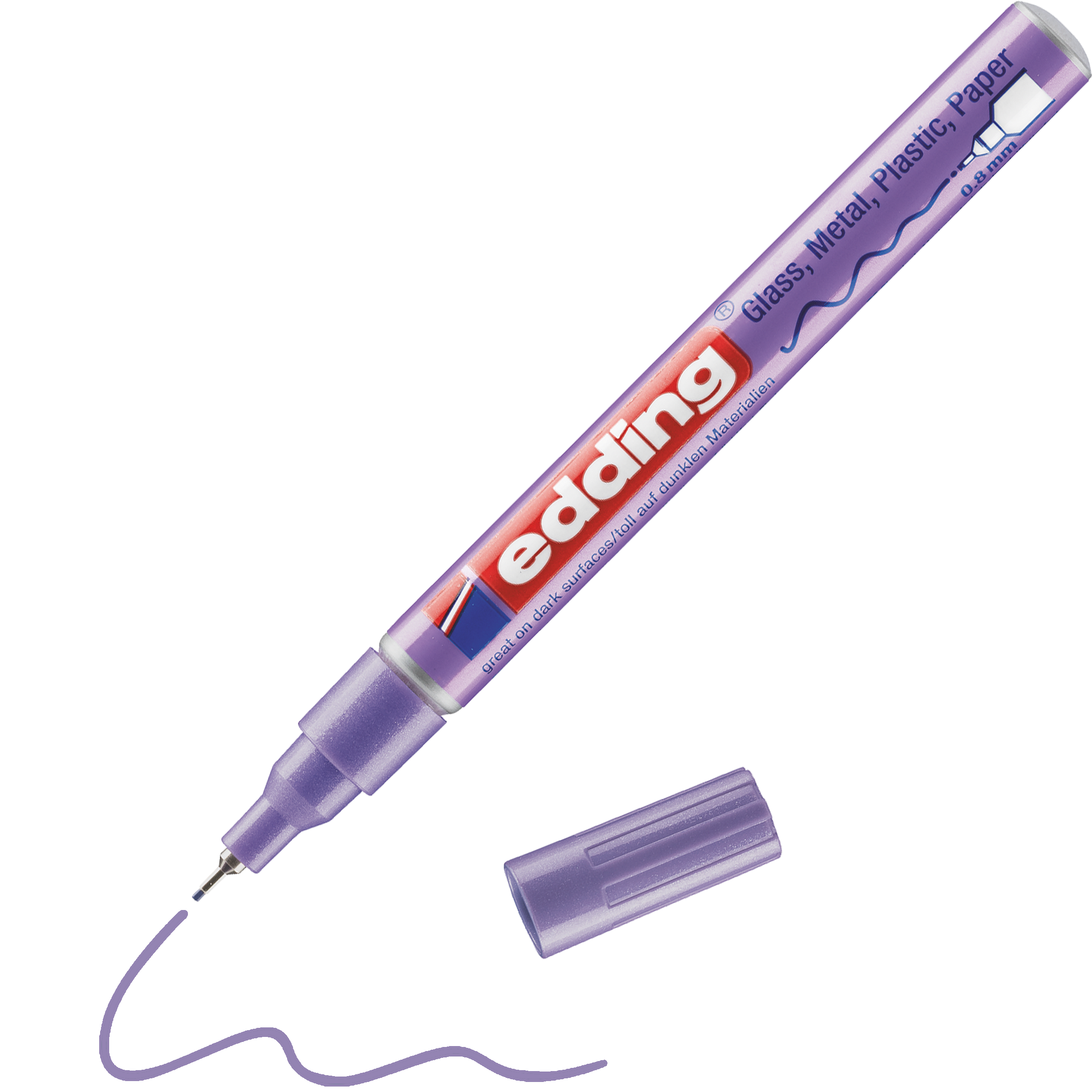 Ein edding 780 Glanzlackmarker von edding ohne Kappe liegt neben einer violetten Wellenlinie. Er eignet sich für Glas, Metall, Kunststoff und Papier und verleiht Ihren Projekten glänzende und metallische Farben.