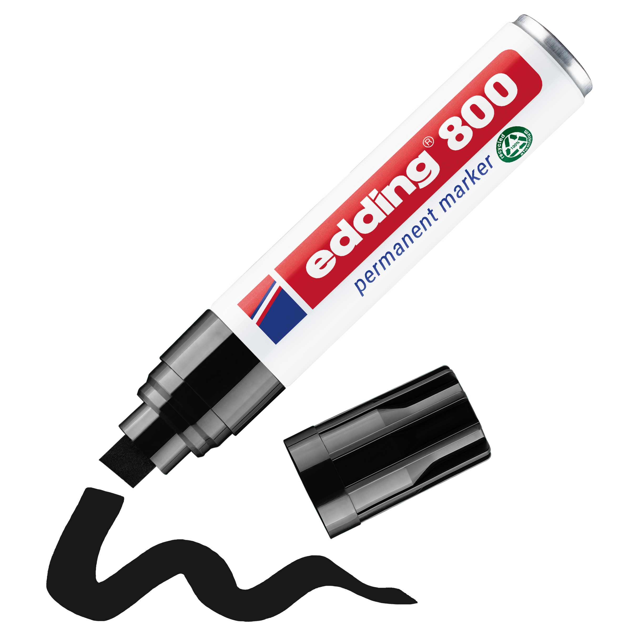 Abgebildet ist ein edding 800 Permanentmarker von edding mit Keilspitze und abgenommener schwarzer Kappe, der mit seiner abriebfesten Tinte eine kräftige, wellenförmige schwarze Linie zeichnet.