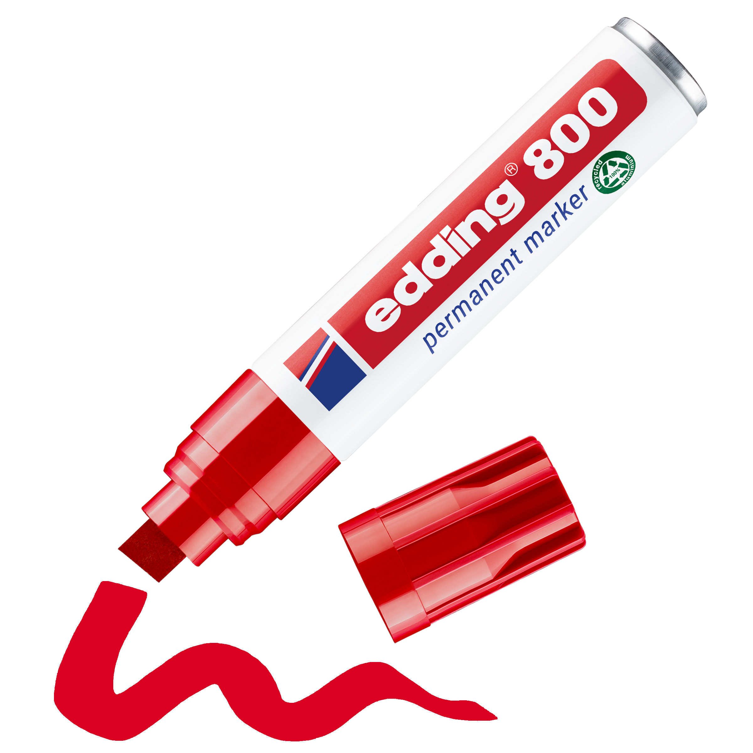 Ein edding 800 Permanentmarker ohne Kappe zeichnet mit seiner breiten Keilspitze eine wellenförmige rote Linie. Der Schaft aus recyceltem Aluminium ist mit dem edding-Logo und -Text in Weiß, Rot und Blau versehen.
