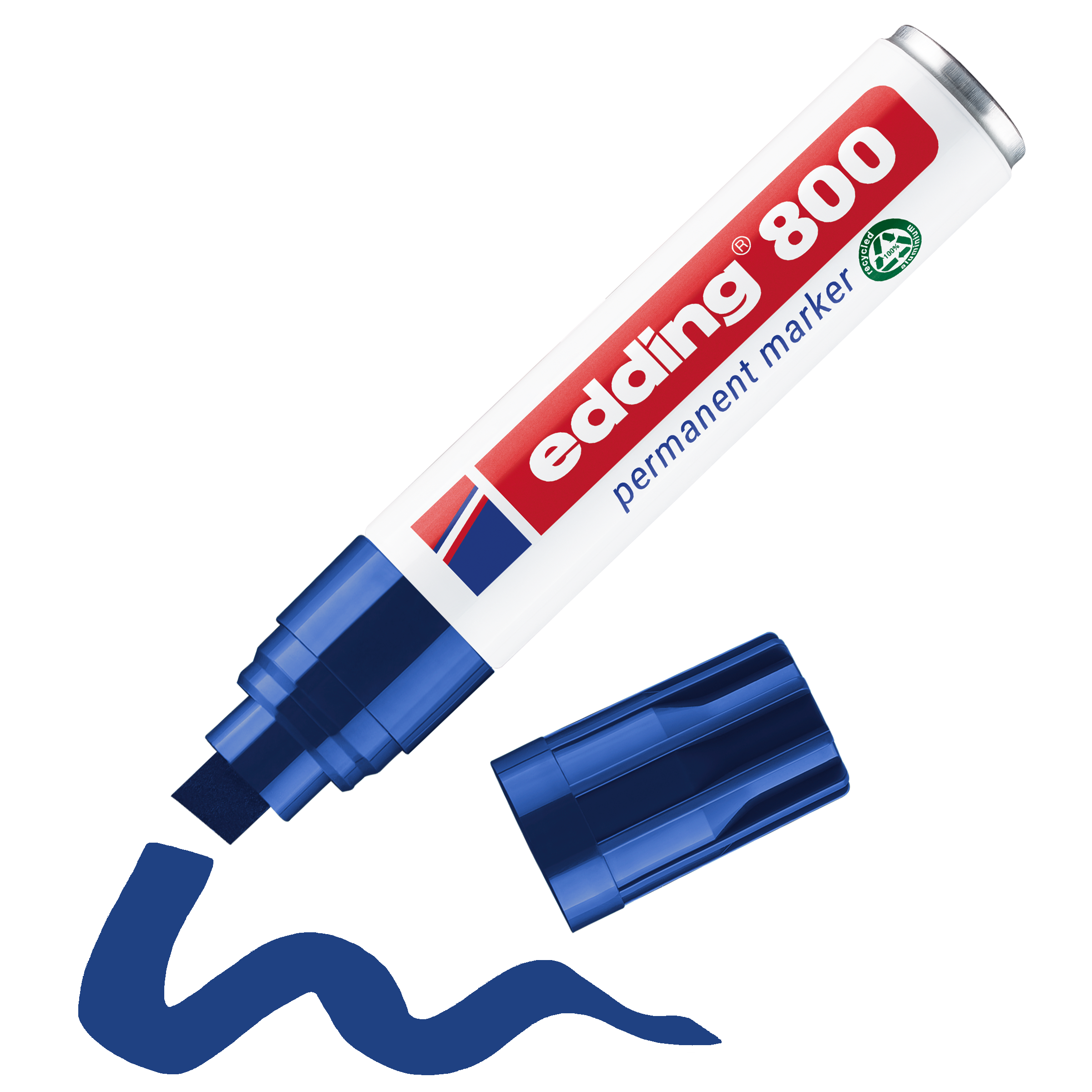 Ein edding 800 Permanentmarker von edding mit weißem Gehäuse, rot-blauem Etikett und dicker Keilspitze. Die Kappe ist abgenommen und liegt daneben. Er zeichnet eine leuchtend blaue Wellenlinie mit abriebfester Tinte.
