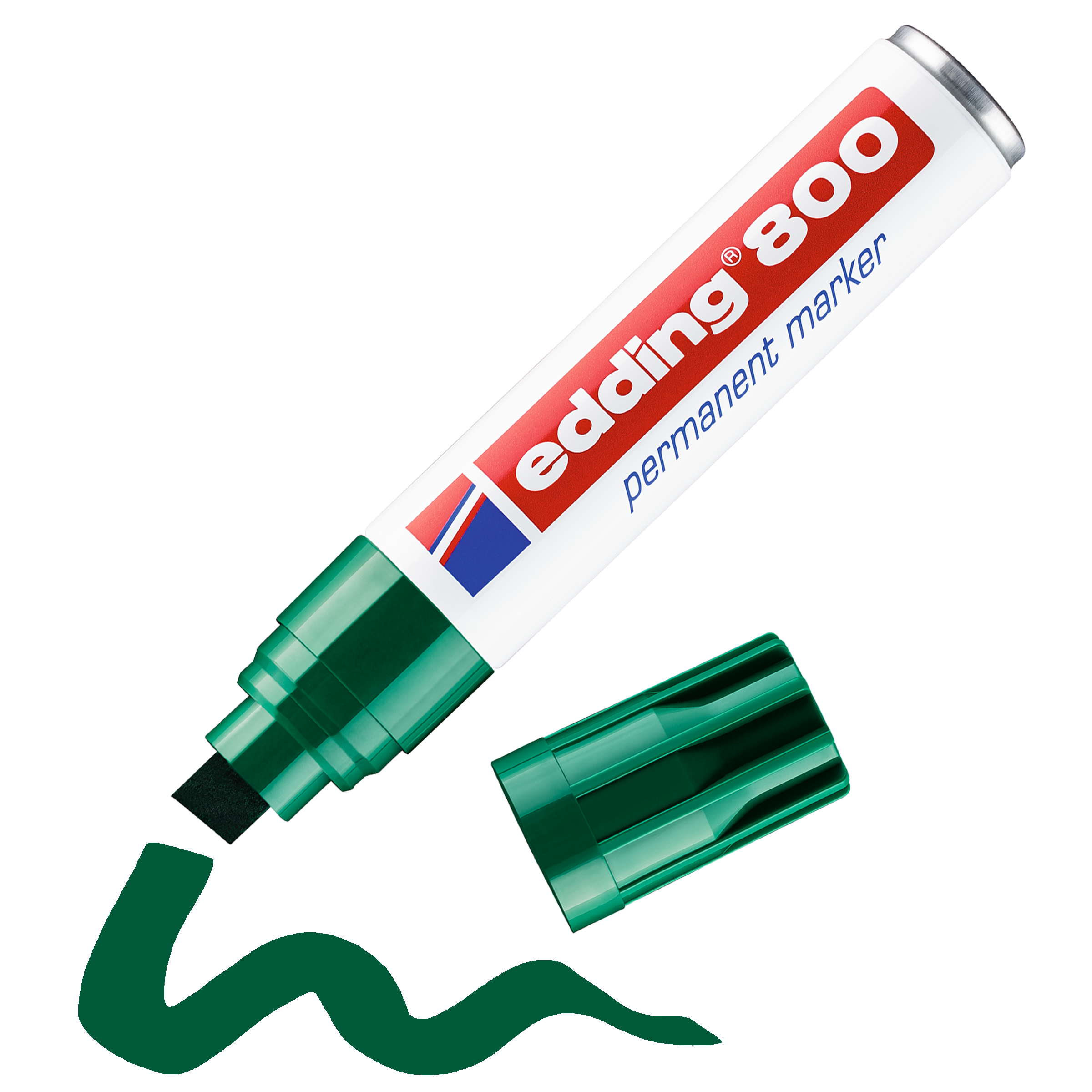 Ein grüner edding 800 Permanentmarker mit abgenommener Kappe und sichtbarer Keilspitze zeichnet eine wellenförmige grüne Linie. Der Marker aus recyceltem Aluminium trägt die Aufschrift „edding 800 Permanentmarker“. Die Kappe liegt in der Nähe.