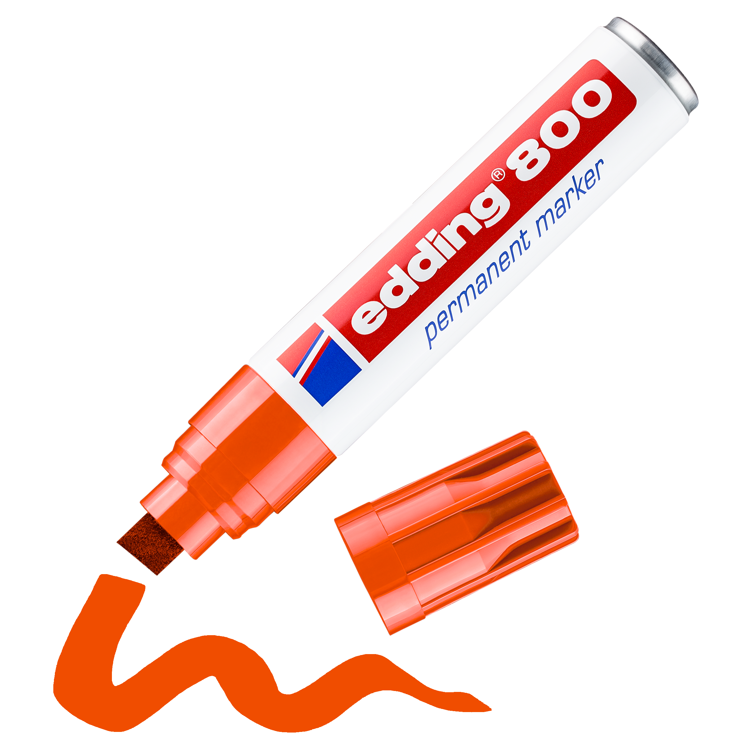 Ein orangefarbener edding 800 Permanentmarker von edding, ohne Kappe, mit einer dicken Keilspitze und einer orangefarbenen Wellenlinie neben seinem Schaft aus recyceltem Aluminium.