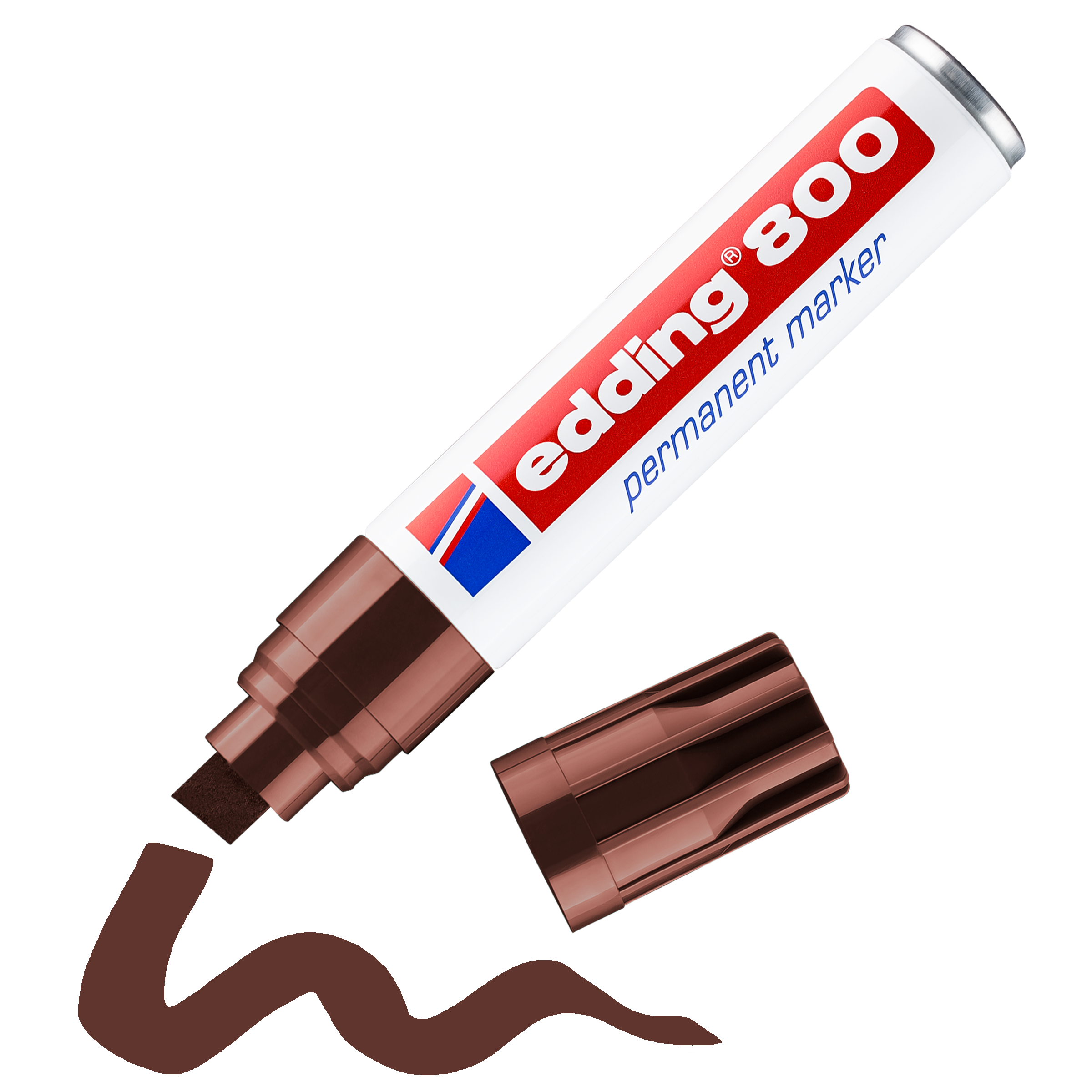 Ein großer brauner edding 800 Permanentmarker von edding, ohne Kappe, zeigt eine breite Keilspitze und eine wellenförmige braune Linie. Der Schaft besteht aus recyceltem Aluminium.