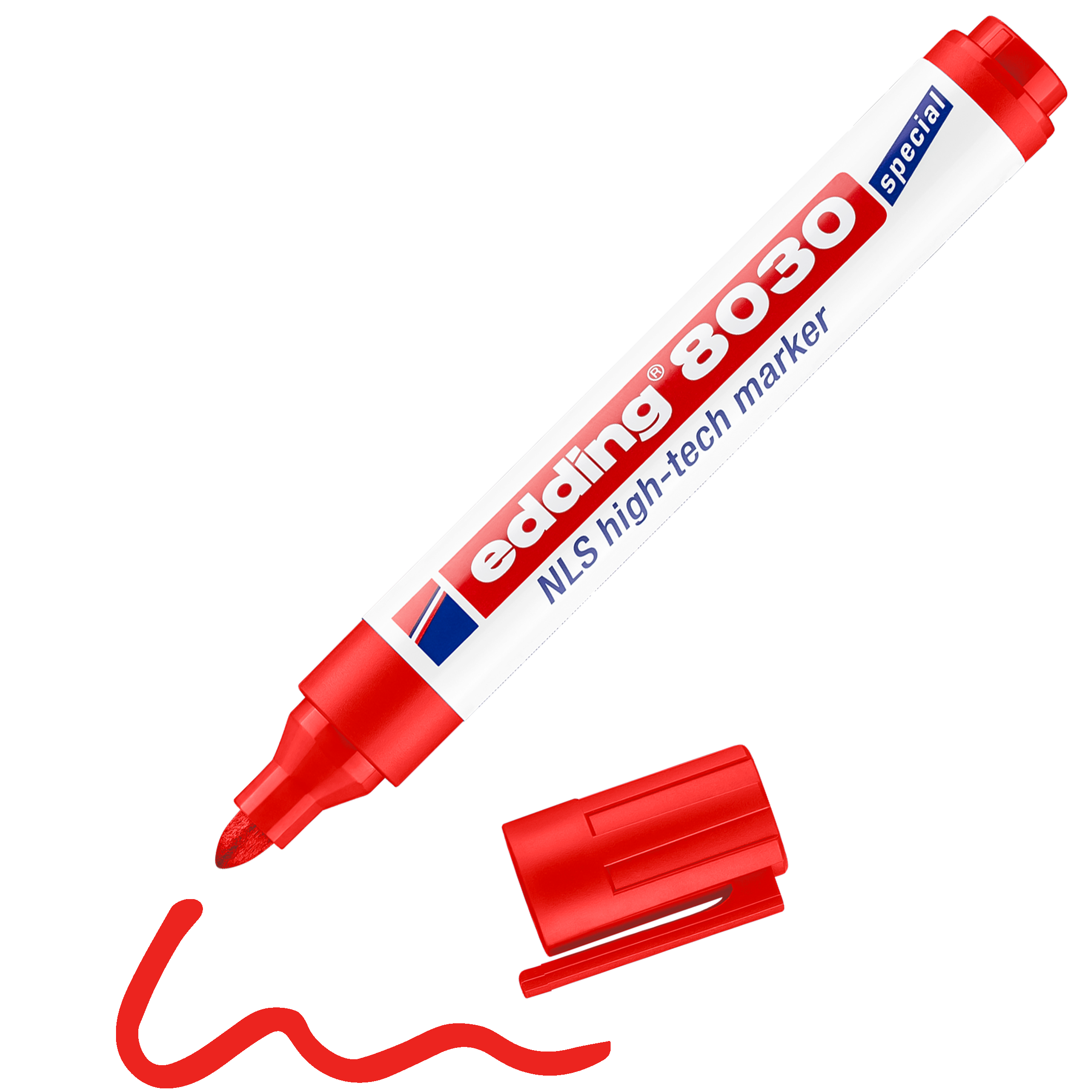 edding 8030 NLS HighTech-Marker in rot mit offener Kappe und gemaltem Strich