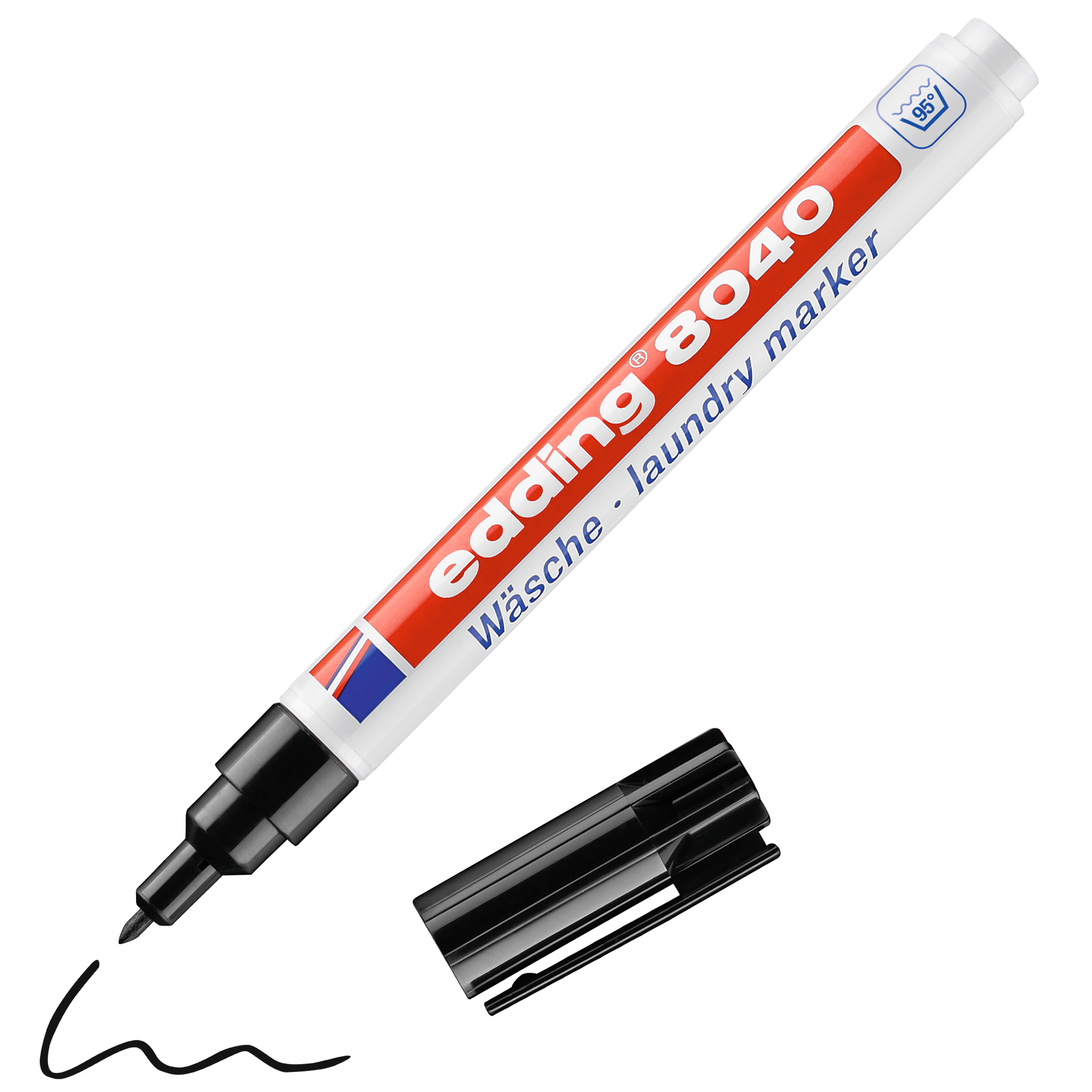 Der schwarze edding 8040 Wäschemarker mit Kappe ist mit einer rot-blau-weißen Beschriftung versehen. Dieser Permanentmarker von edding ist ideal für Textilien und sorgt mit kräftiger schwarzer Markierung für dauerhafte Beschriftungen.