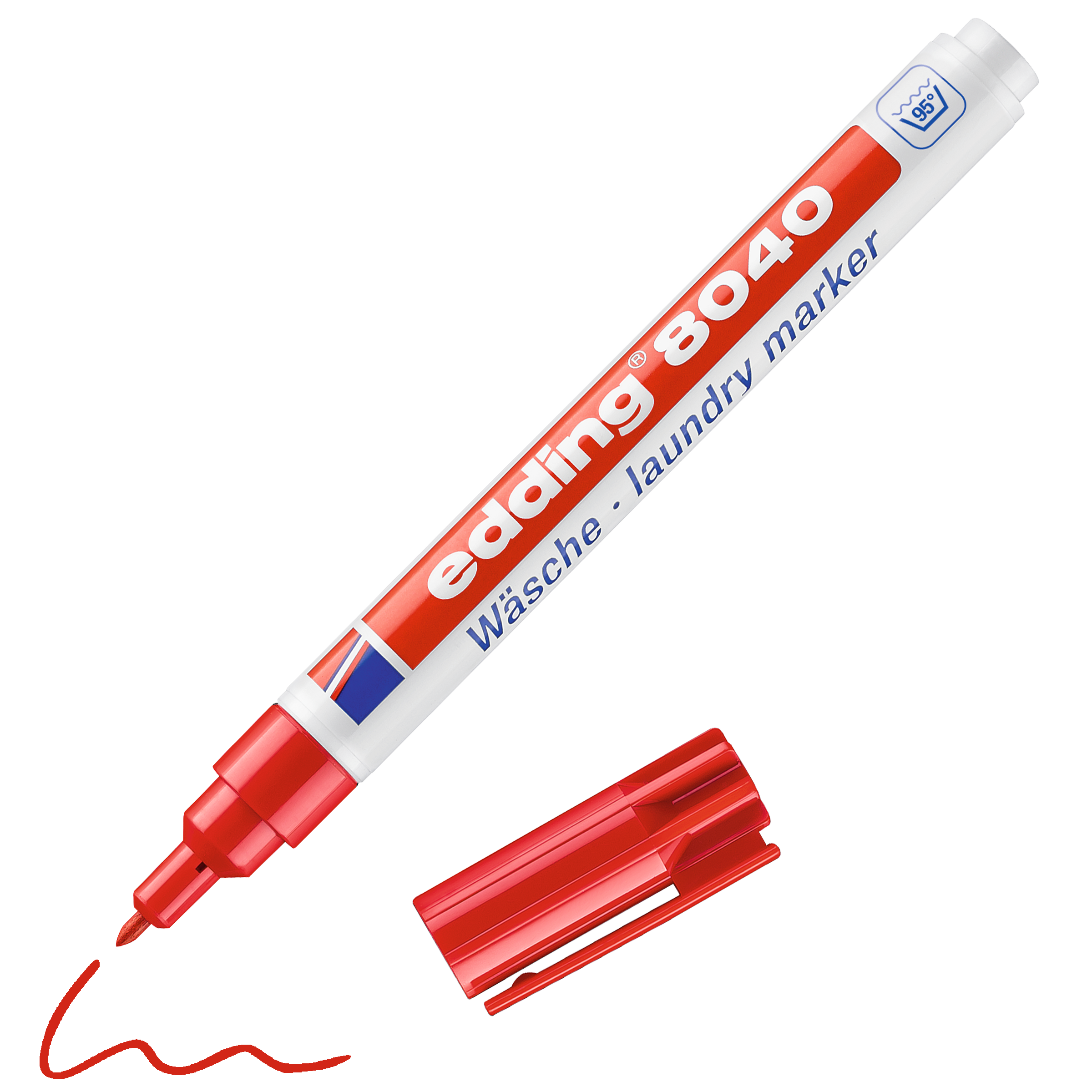 Der edding 8040 Wäschemarker von edding mit roter Kappe ist ohne Kappe abgebildet. Die rote Spitze und die rote Schnörkellinie sind sichtbar. Der weiße Schaft ist mit roter und blauer Beschriftung versehen und eignet sich ideal für dauerhafte Markierungen auf Textilien.