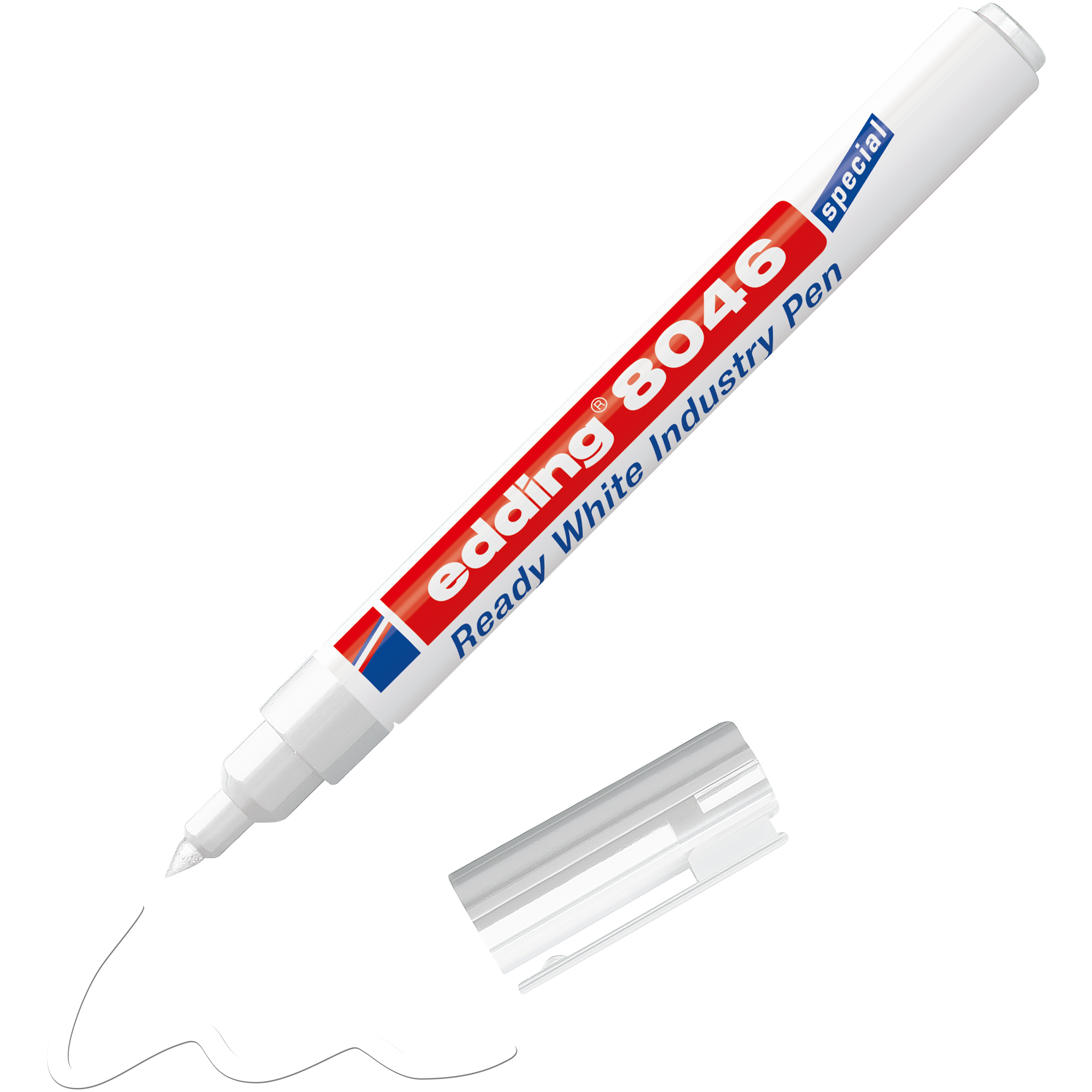 Ein schnell trocknender, weißer Permanentmarker „edding 8046 Ready white industrial pen“ von edding zieht mit abgenommener Kappe eine wellenförmige Linie – ideal für den industriellen Einsatz. Marker und Kappe liegen auf schlichtem Hintergrund.