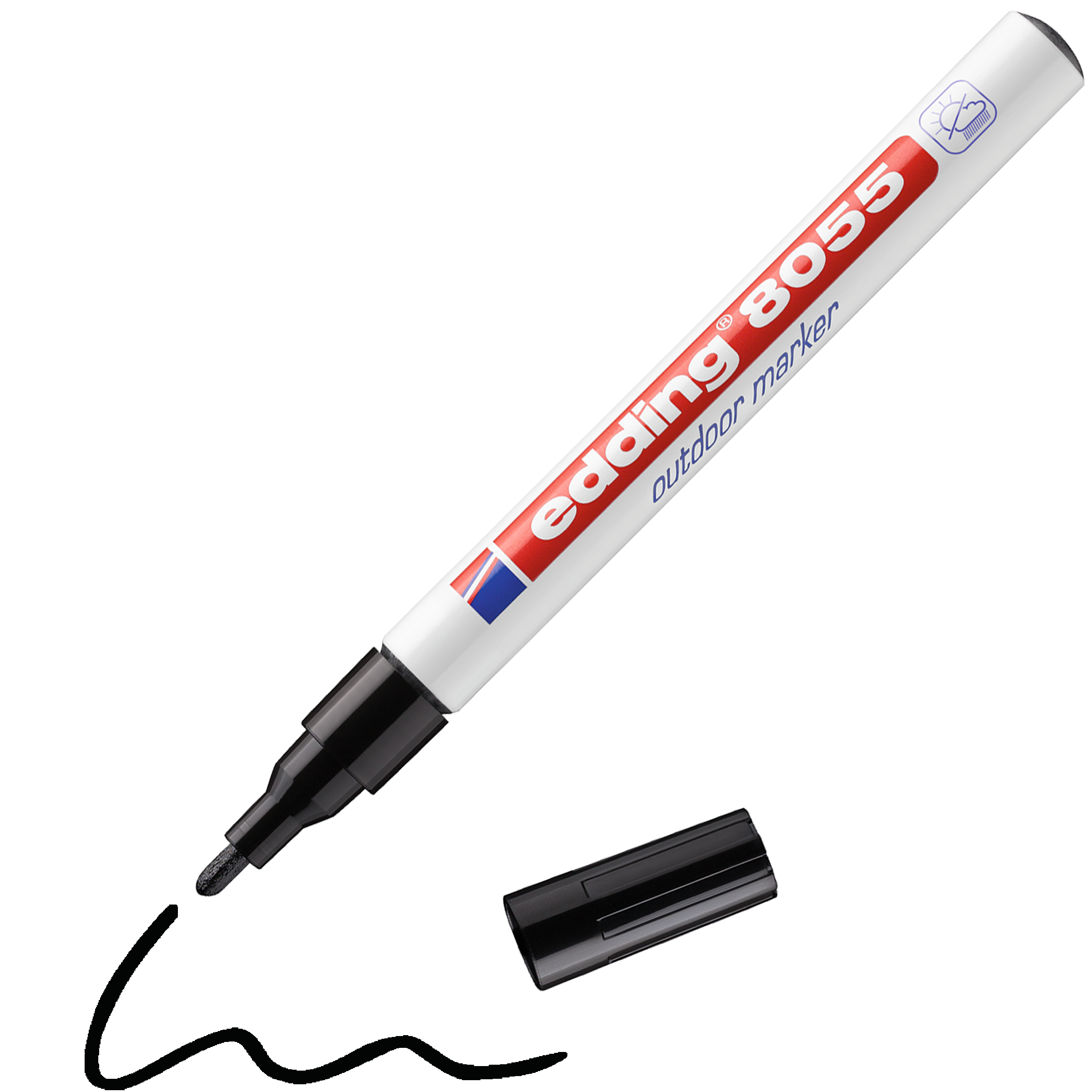 Der edding 8055 Outdoormarker von edding wird ohne Kappe mit schwarzer Spitze und Kappe gezeigt, zeichnet eine schwarze Wellenlinie und bietet witterungsbeständige Tinte für Allwettermarkierungen.