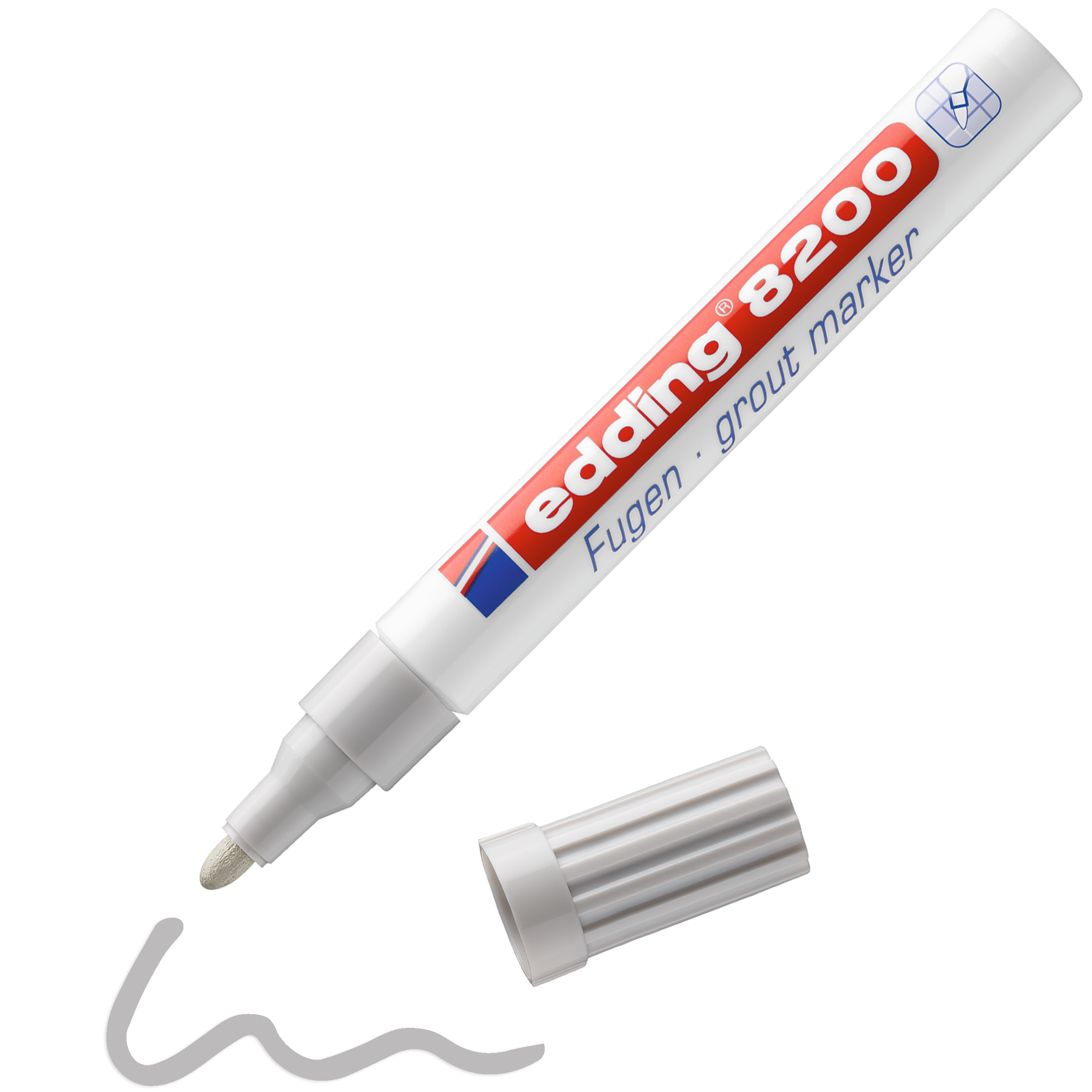 Ein weißer edding 8200 Fugenmarker von edding liegt ohne Kappe auf einer Oberfläche. Neben seiner Spitze befindet sich eine wellenförmige graue Linie. Auf dem Etikett steht „Fugen·mörtelmarker“.