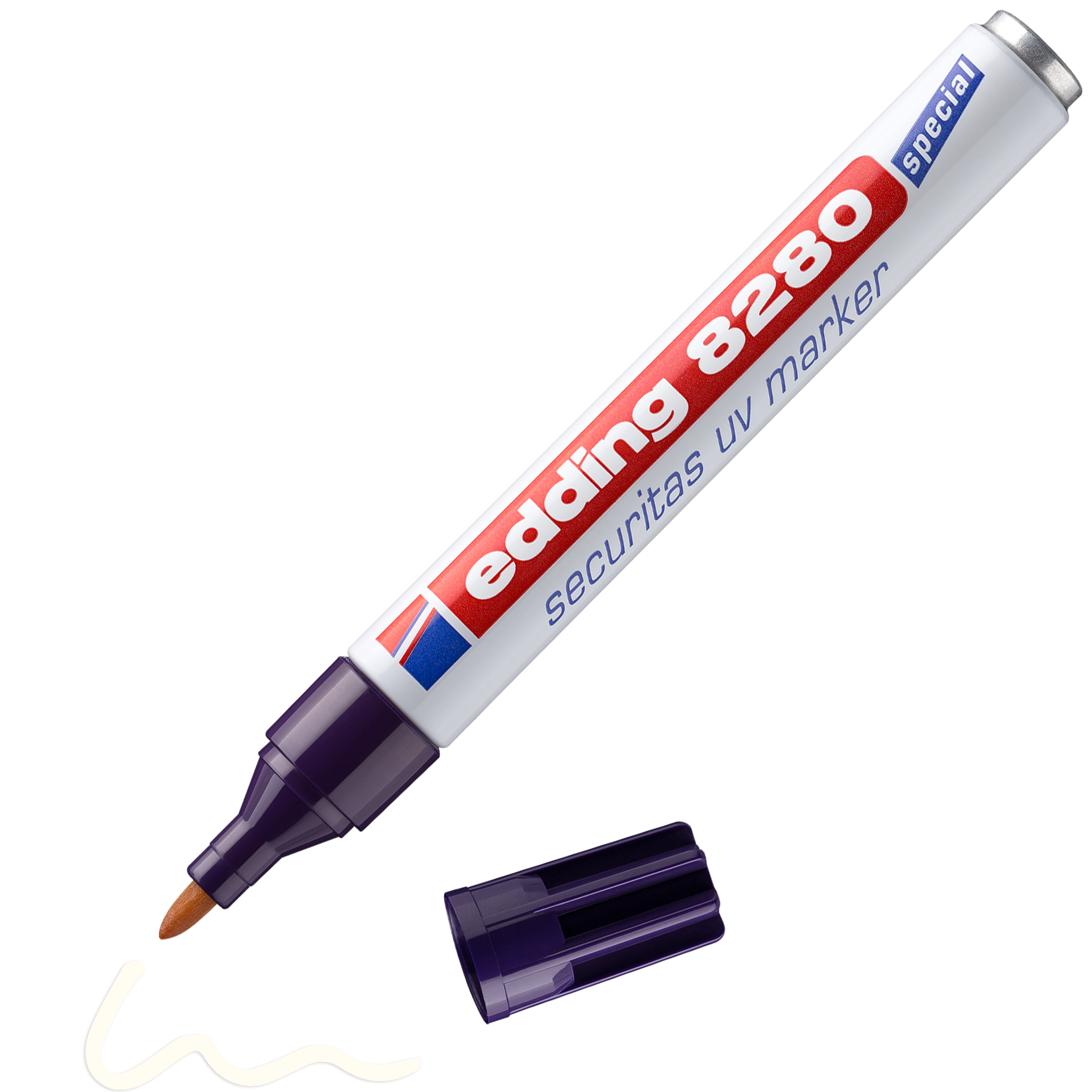 edding 8280 Securitas UV-Marker in Transparent mit offener Kappe und einem gemaltem Strich