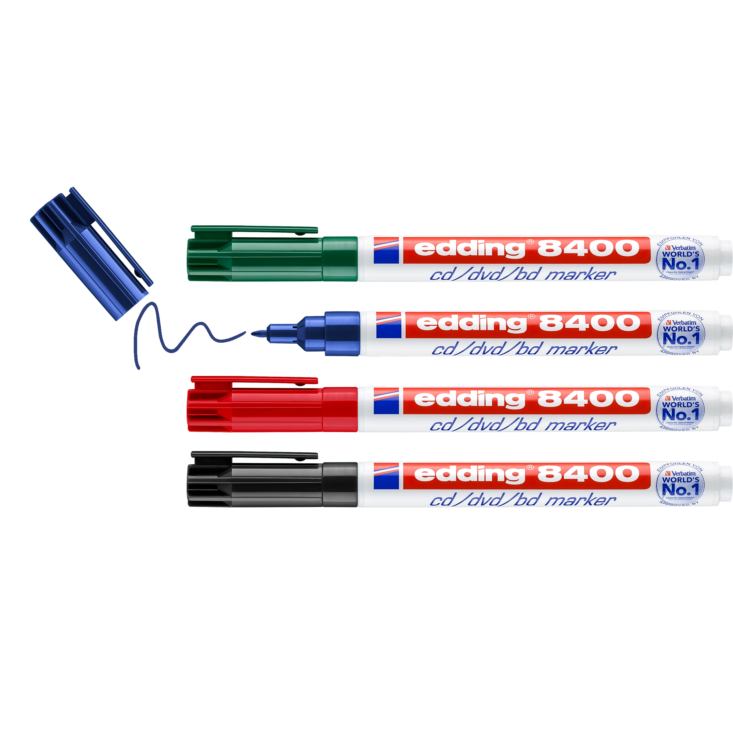 Das edding 8400 CD/DVD/BD Marker 4er-Set von edding ist in den Farben Blau, Grün, Rot und Schwarz erhältlich. Der blaue Marker ohne Kappe zeichnet ein Kringelmuster – ideal für die sichere Beschriftung von Datenträgern und erhöhte Datensicherheit.