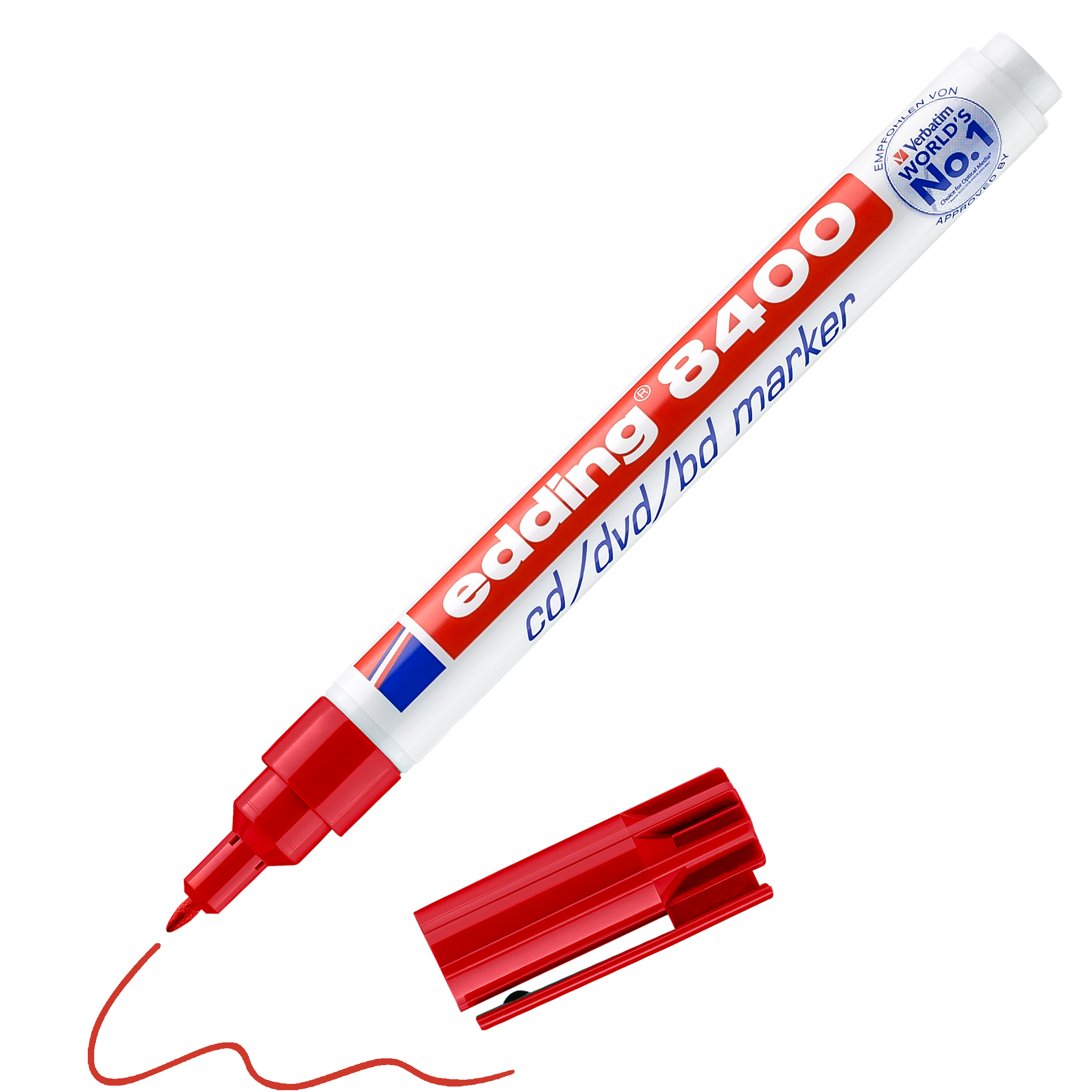 edding 8400 CD-Marker in rot mit offener Kappe und gemaltem Strich