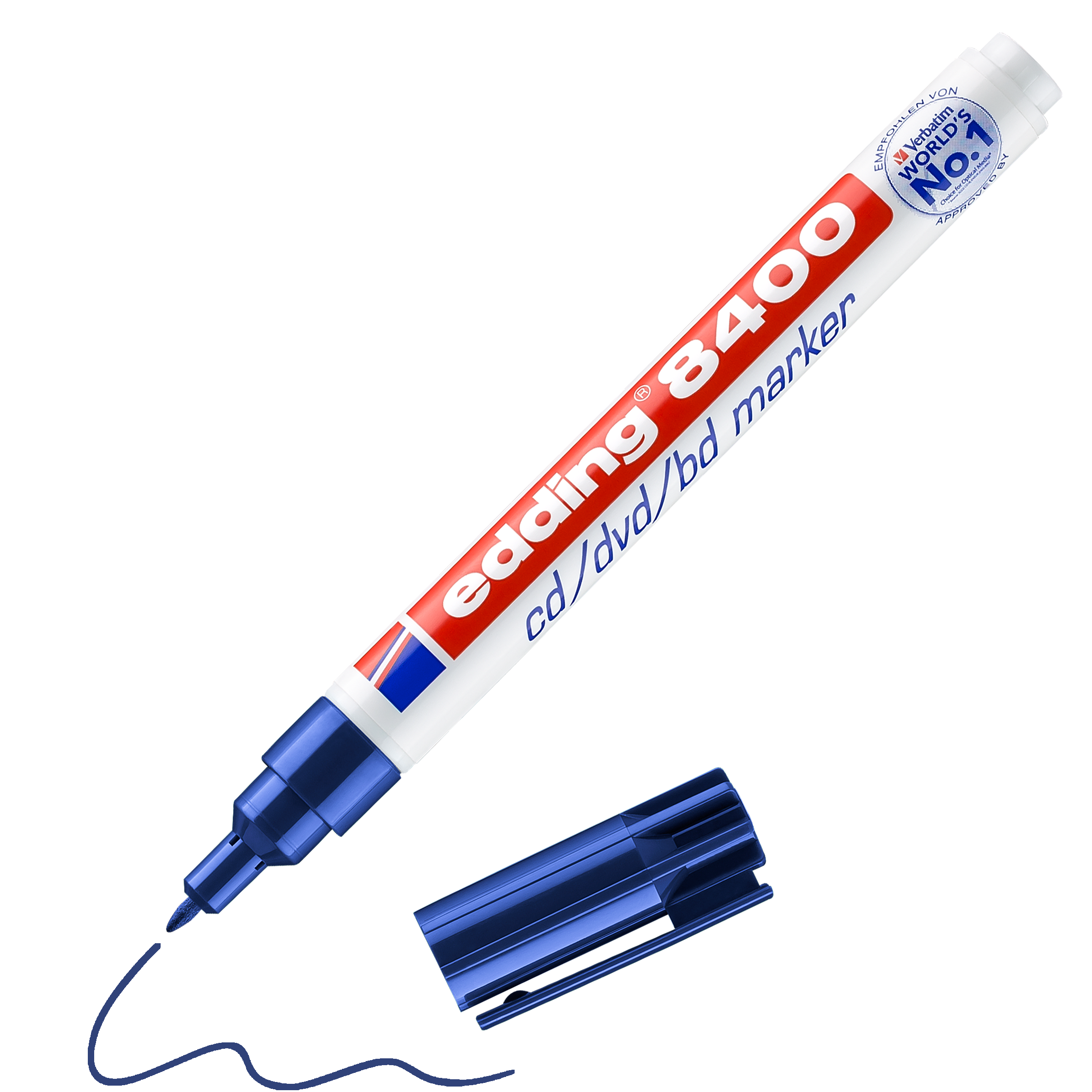 edding 8400 CD-Marker in blau mit offener Kappe und gemaltem Strich