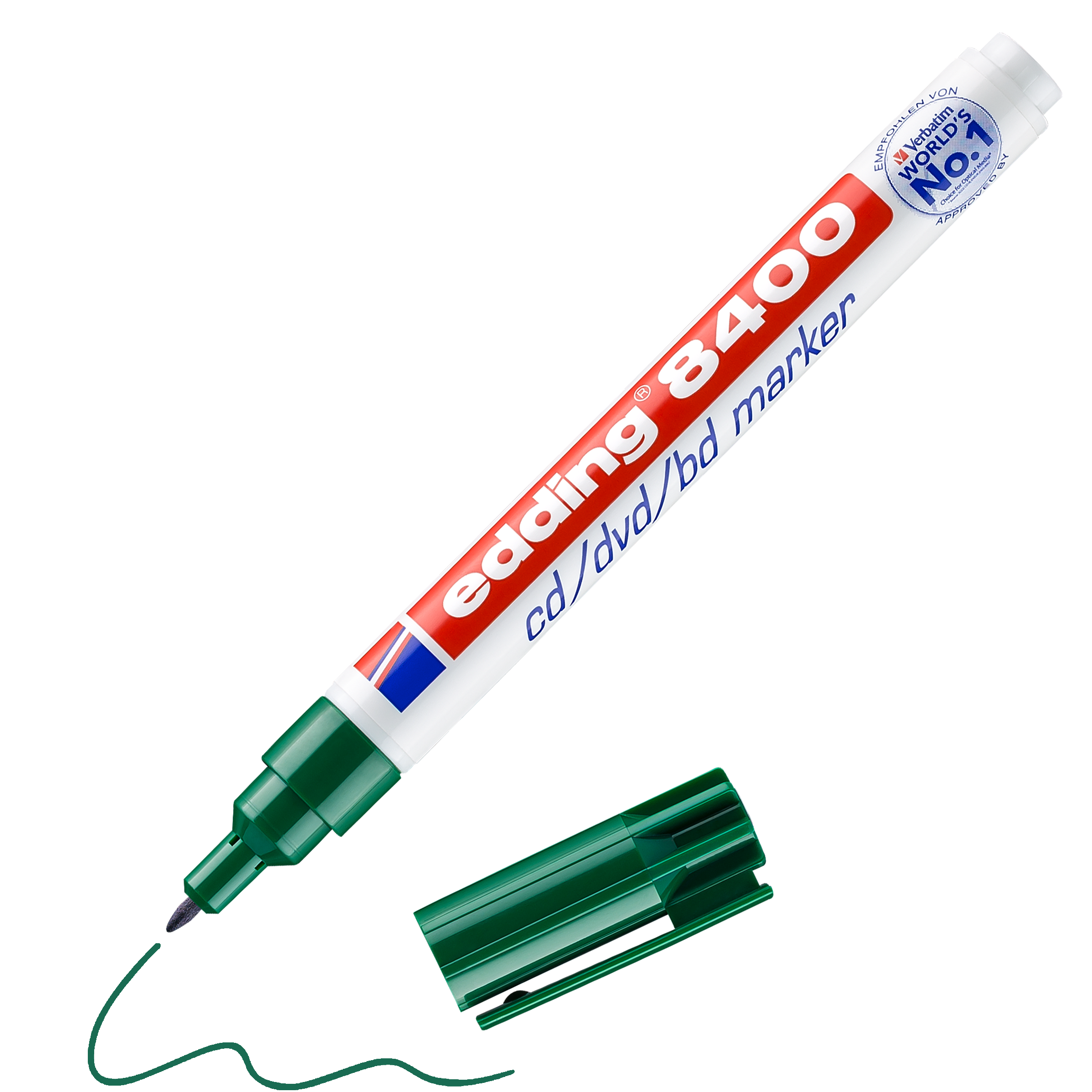 edding 8400 CD-Marker in grün mit offener Kappe und gemaltem Strich