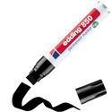 Der edding 850 Permanentmarker in Weiß und Rot wird ohne schwarze Kappe präsentiert, sodass die Keilspitze sichtbar ist. Der Markenname „edding“ und die Beschriftung „Permanentmarker“ sind durch die abgewinkelte Form deutlich sichtbar.