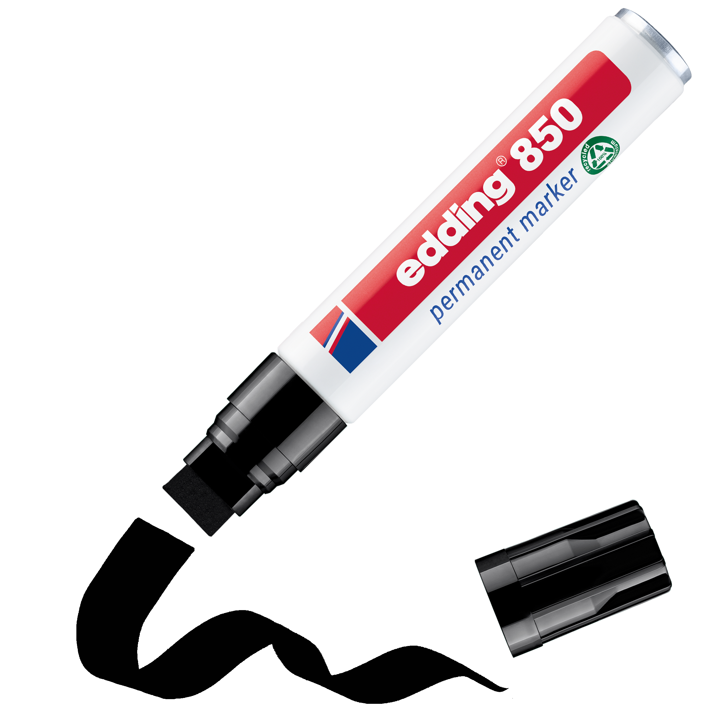 Der edding 850 Permanentmarker in Weiß und Rot wird ohne schwarze Kappe präsentiert, sodass die Keilspitze sichtbar ist. Der Markenname „edding“ und die Beschriftung „Permanentmarker“ sind durch die abgewinkelte Form deutlich sichtbar.