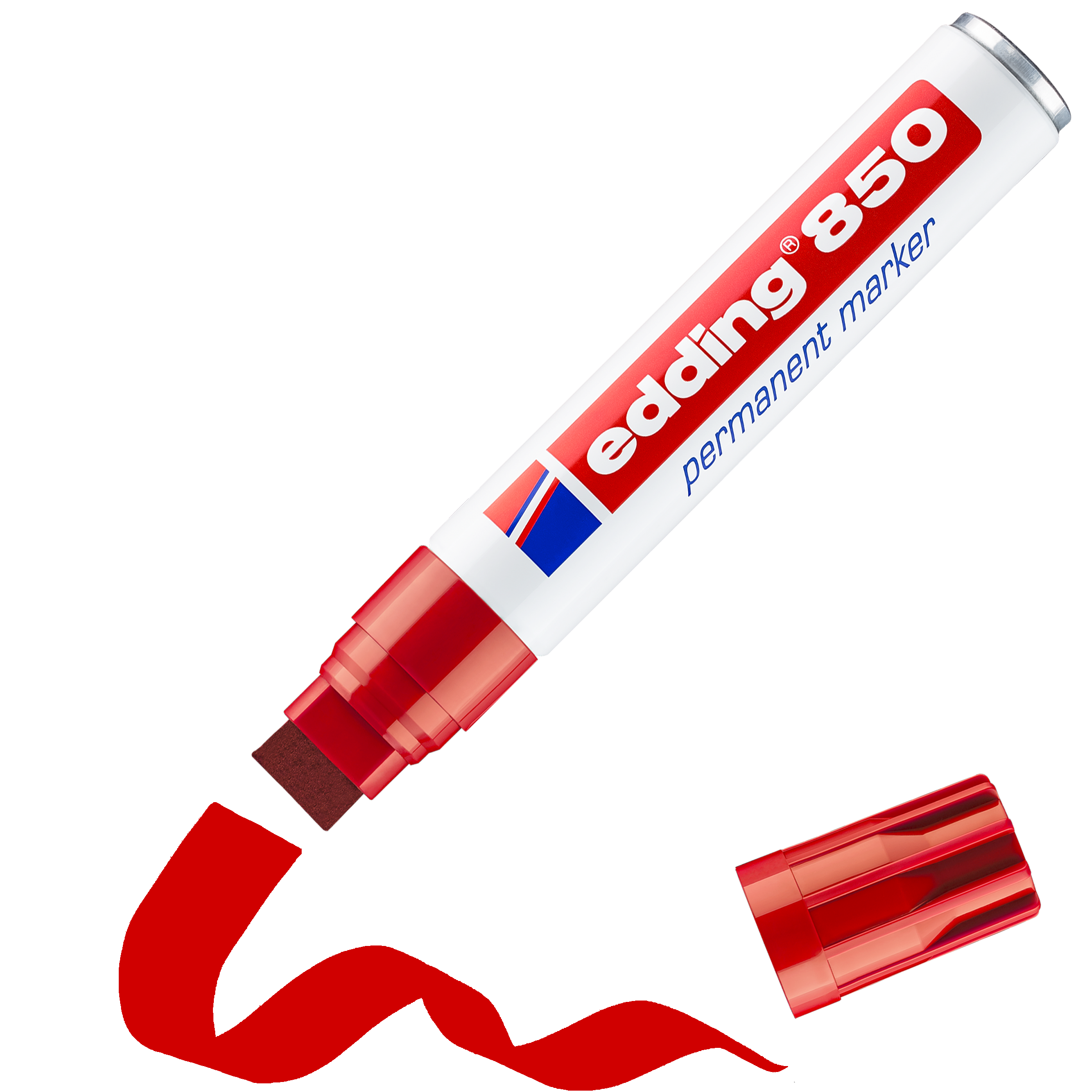 Ein edding 850 Permanentmarker (rot) mit extra breiter Spitze und langlebiger Tinte zeichnet ohne Kappe eine wellenförmige rote Linie. Der Marker und seine Kappe von edding sind auf weißem Hintergrund abgebildet.