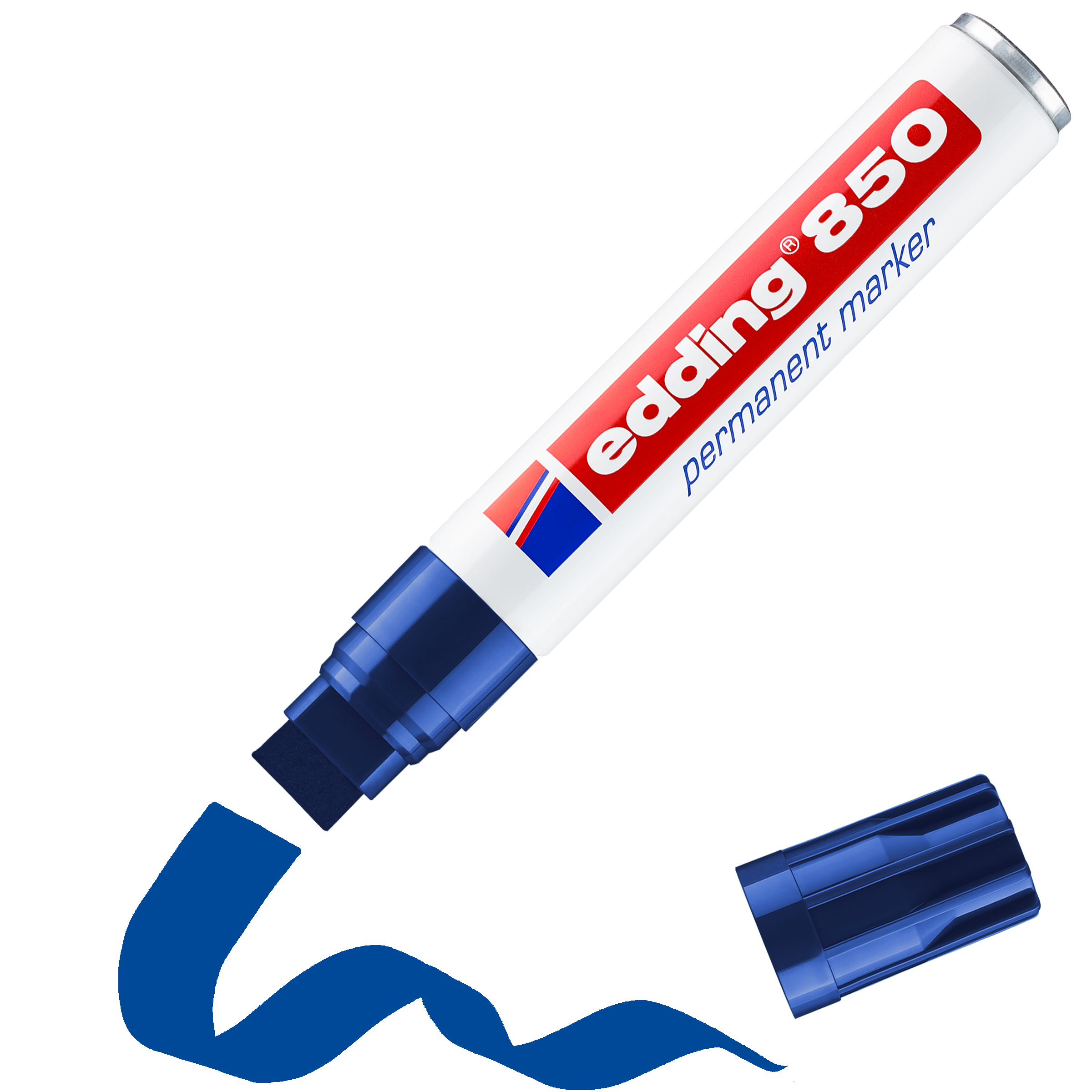 Ohne Kappe offenbart der edding 850 Permanentmarker von edding eine dicke Keilspitze und eine extrabreite Strichbreite, sodass er mit der Kappe in der Nähe eine kräftige blaue Linie zeichnet.