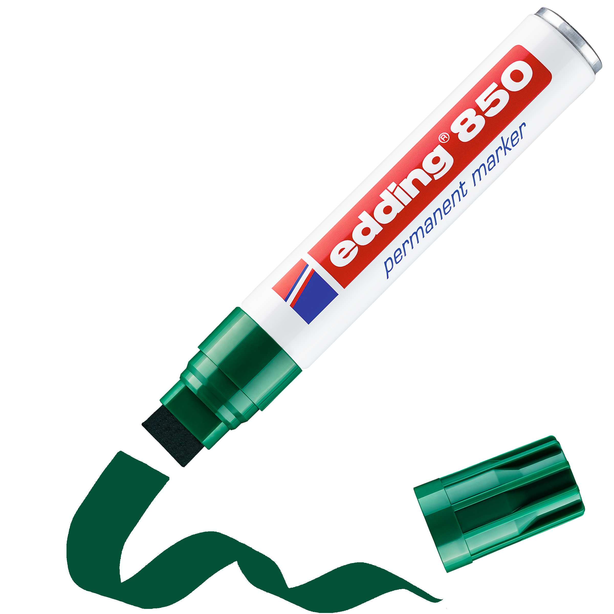 Ein grüner edding 850 Permanentmarker ohne Kappe zeigt eine dicke Keilspitze. Der Schriftzug „edding 850“ erscheint in Rot und Blau neben einer grünen Markierung und der passenden Kappe.