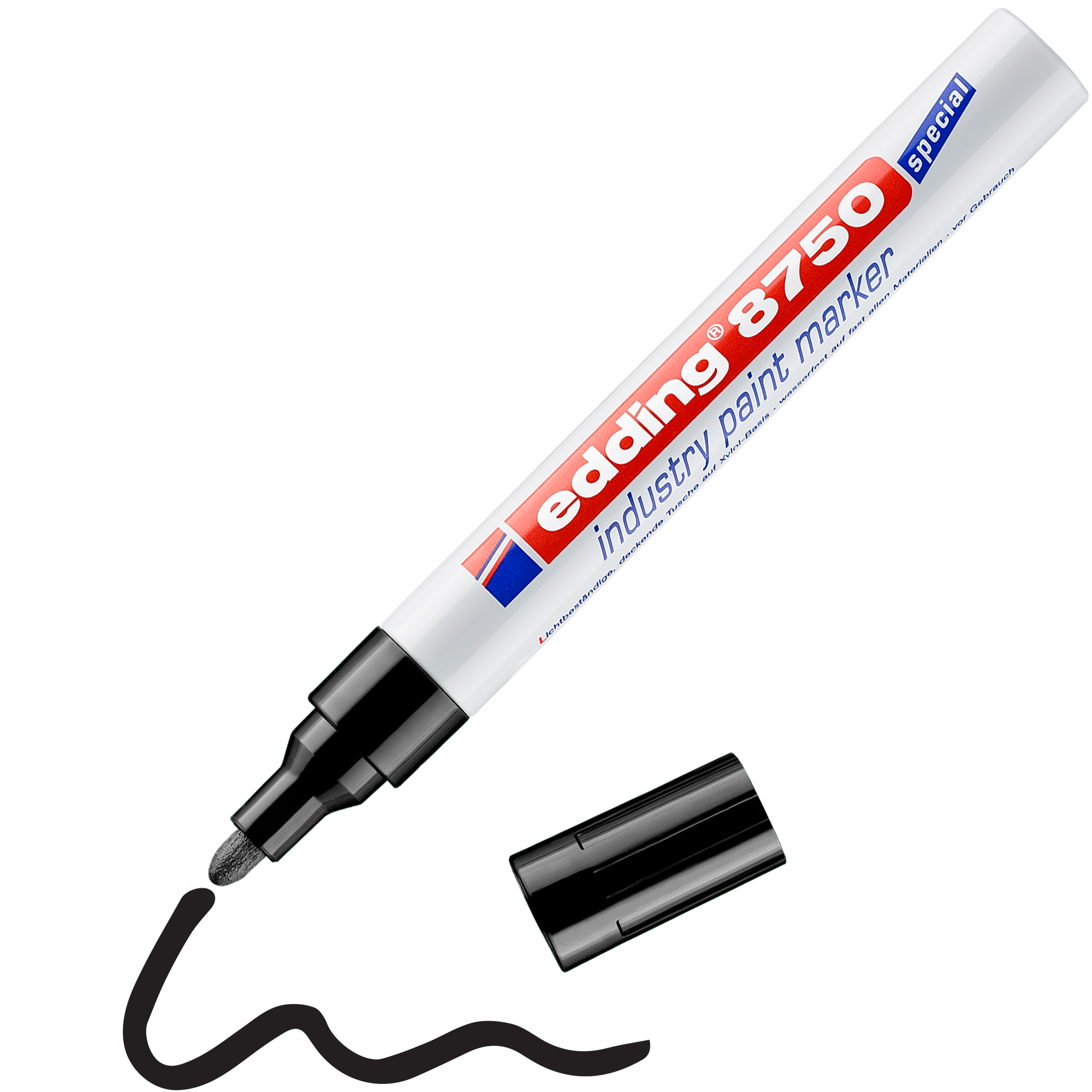 Ein schwarzer edding 8750 Industrie Lackmarker ohne Kappe liegt neben einer von ihm gezeichneten schwarzen Wellenlinie; die Beschriftung dieses edding Markers ist deutlich zu erkennen.