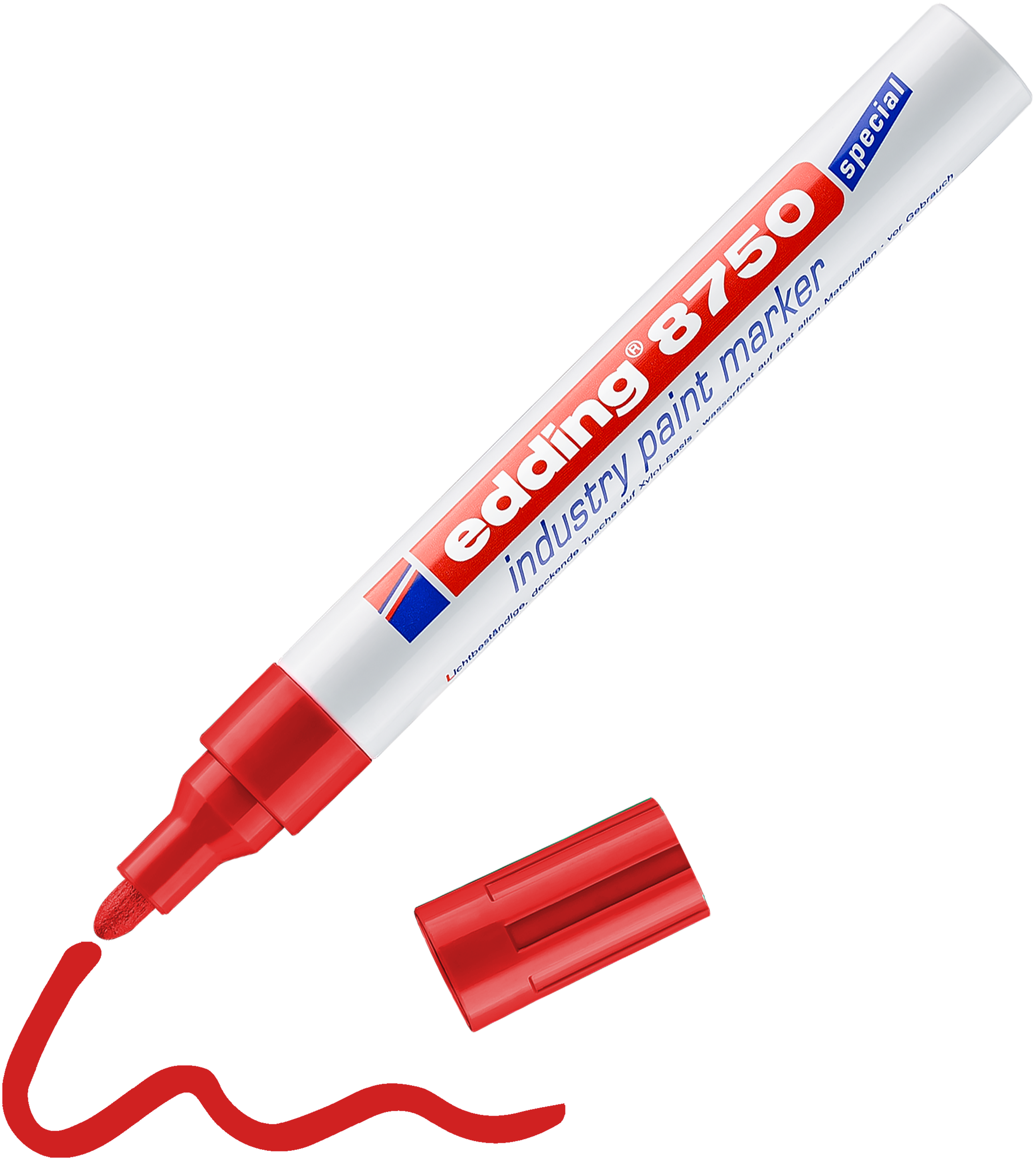 Ein roter edding 8750 Industrie Lackmarker ohne Kappe zeichnet eine wellenförmige rote Linie auf eine weiße Oberfläche. Der Marker mit Produktdetails in roter und blauer Schrift eignet sich ideal für präzise Markierungen auf verschiedenen Materialien.