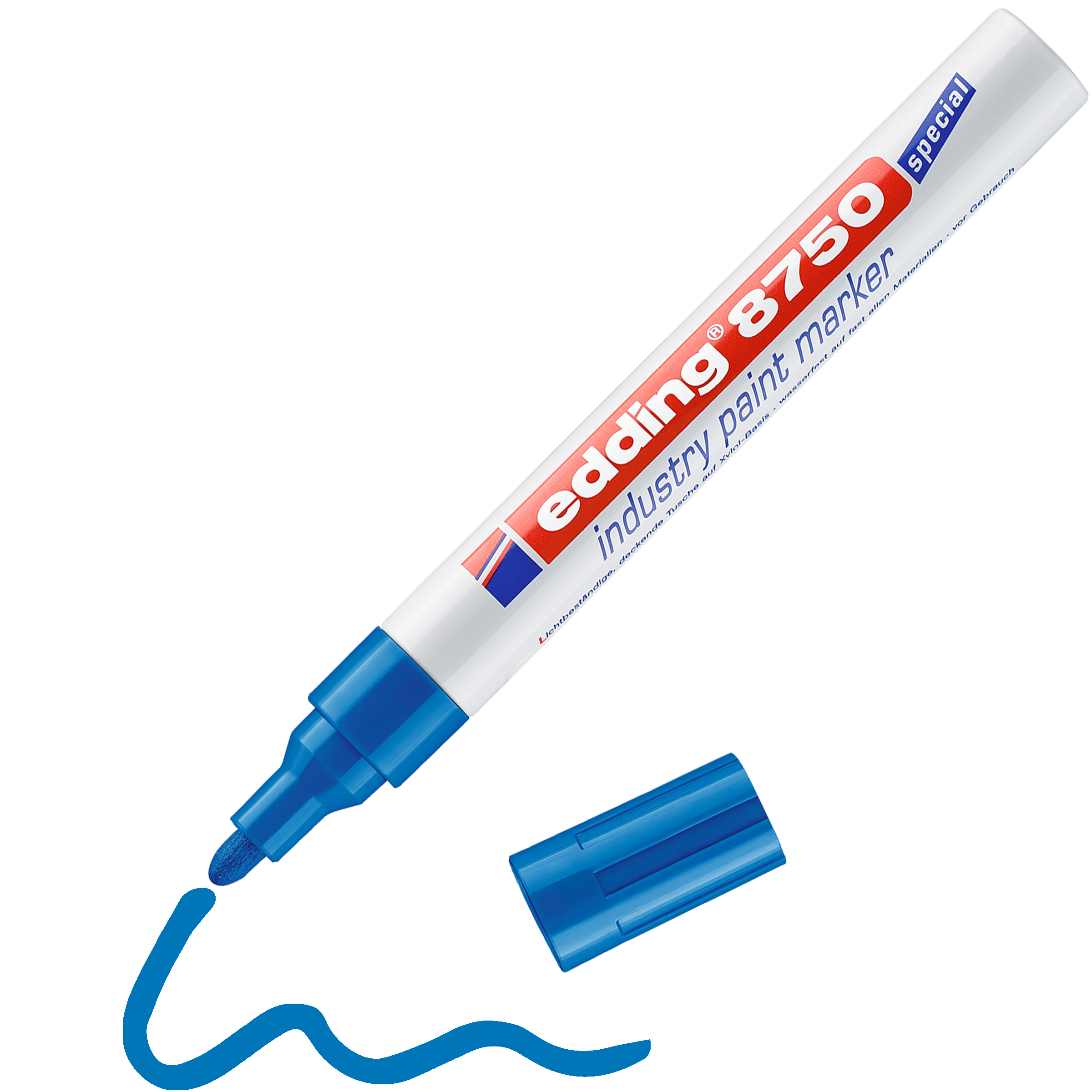 Ein blauer edding 8750 Industrie Lackmarker ohne Kappe, der eine Wellenlinie zeichnet, liegt diagonal mit der Kappe daneben – perfekt für präzise Markierungen auf verschiedenen Oberflächen.