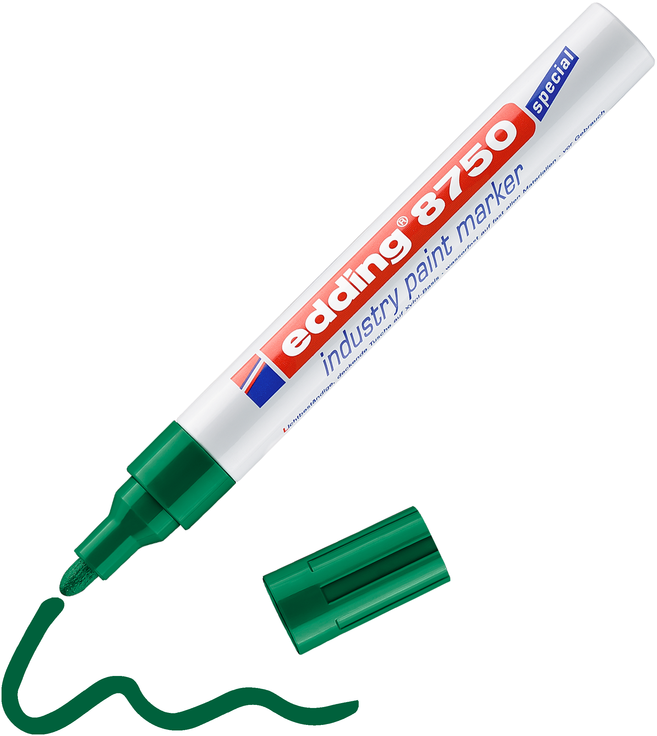 Ein abdeckbarer edding 8750 Industrie Lackmarker in Grün liegt neben einer von ihm gezeichneten grünen Schlangenlinie – ideal für präzise Markierungen auf mehreren Oberflächen.
