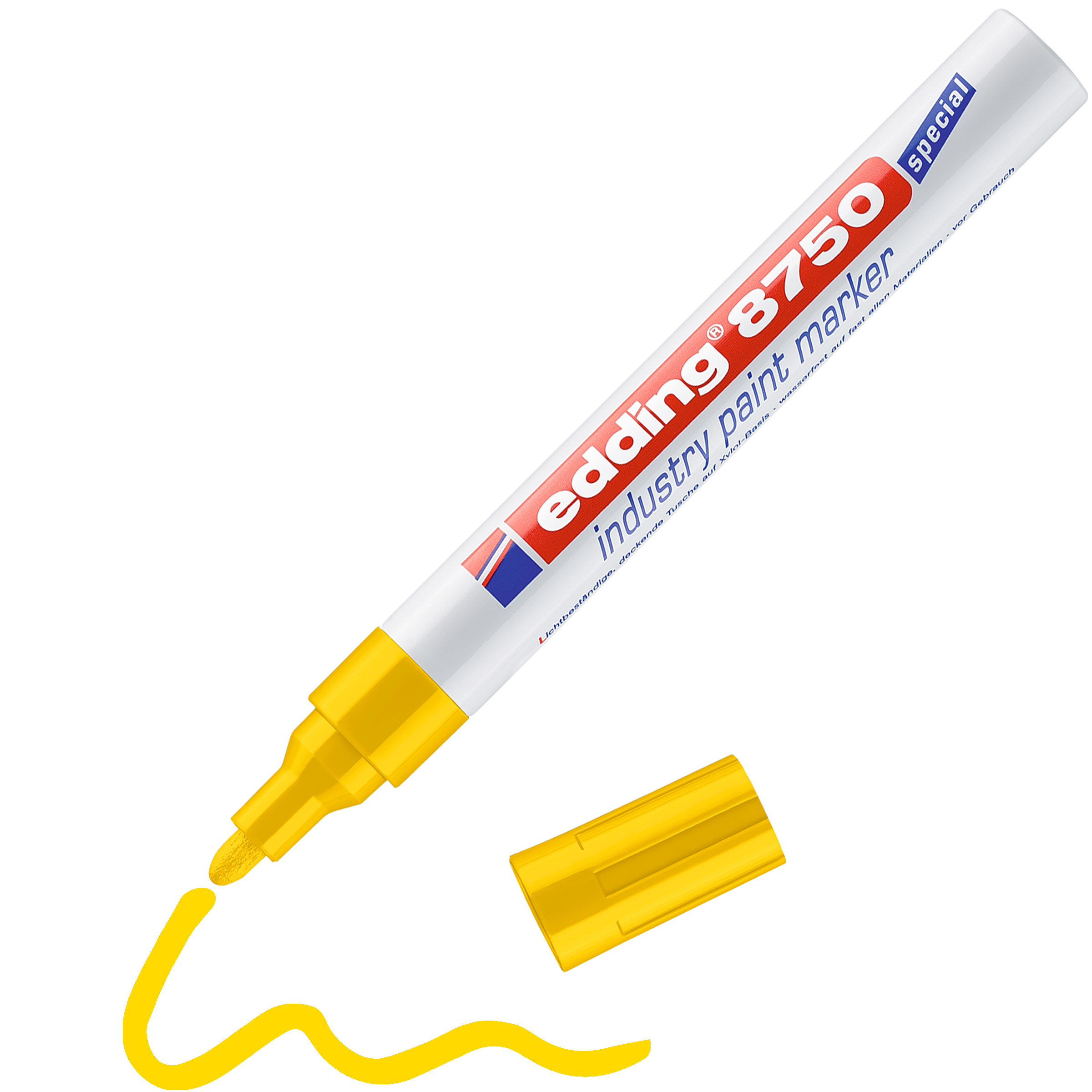 Ein edding 8750 Industrie Lackmarker von edding zeichnet mit abgenommener gelber Kappe eine gewellte gelbe Linie, ideal für präzise Markierungen auf einer Vielzahl von Oberflächen.