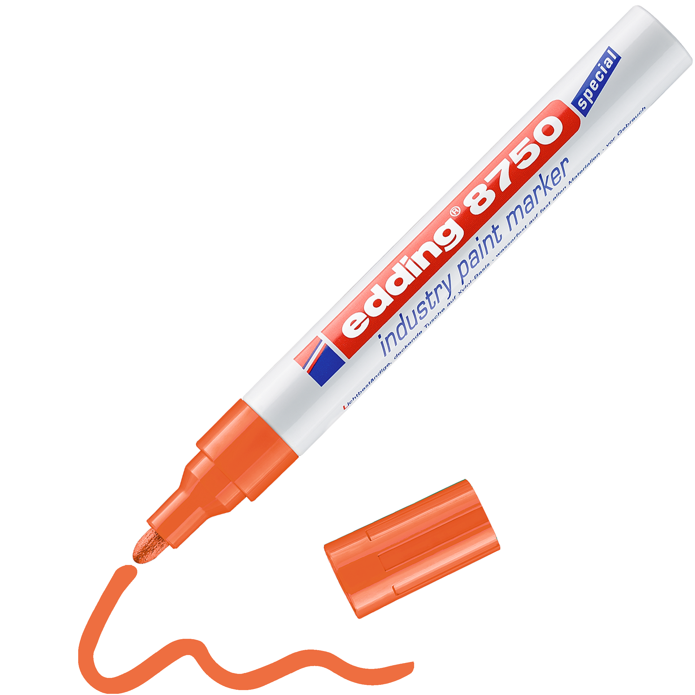 Ein orangefarbener edding 8750 Industrie Lackmarker von edding mit abgenommener Kappe und einer wellenförmigen orangefarbenen Linie, die die Farbe anzeigt. Daneben liegt die Mütze auf weißem Hintergrund. Perfekt für dauerhaftes Markieren und wasserfestes Beschriften.