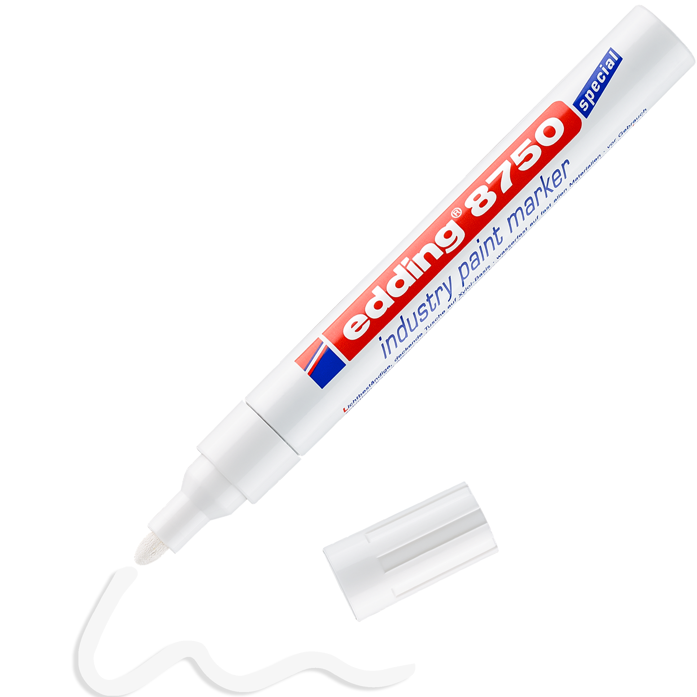 Ein weißer edding 8750 Industrie Lackmarker von edding, offen und neben seiner Kappe liegend, hat unterhalb der Spitze eine wellenförmige, wasserfeste weiße Linie gezeichnet. Das rot-blau-weiße Etikett zeigt Produktinformationen zum dauerhaften Markieren.