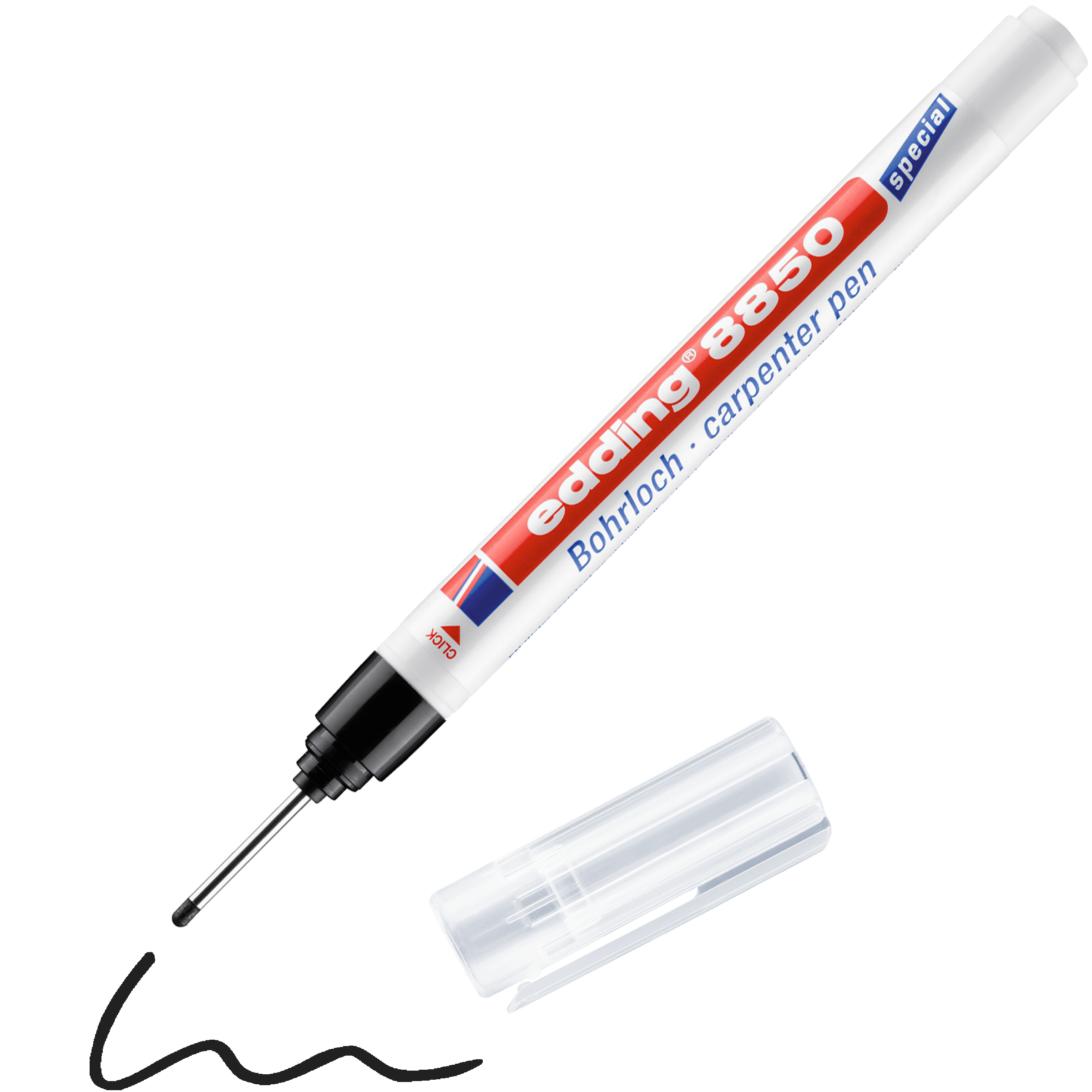 Ein weißer edding 8850 Bohrlochmarker von edding, ohne Kappe und mit der transparenten Kappe daneben, zeigt neben seiner schwarzen Spitze eine gewellte schwarze Linie – ideal für präzise Bohrlochmarkierungen.