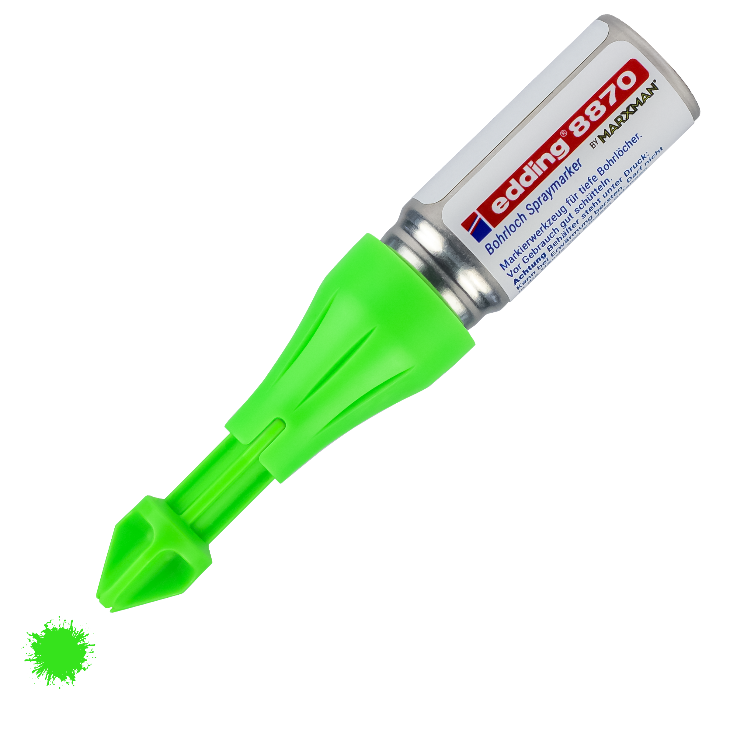 Ein neongrüner edding 8870 Bohrloch-Sprühmarker von edding mit der Spitze nach unten und einem leuchtend grünen Tintenklecks darunter – perfekt für präzise Markierungen an jedem Arbeitsplatz.