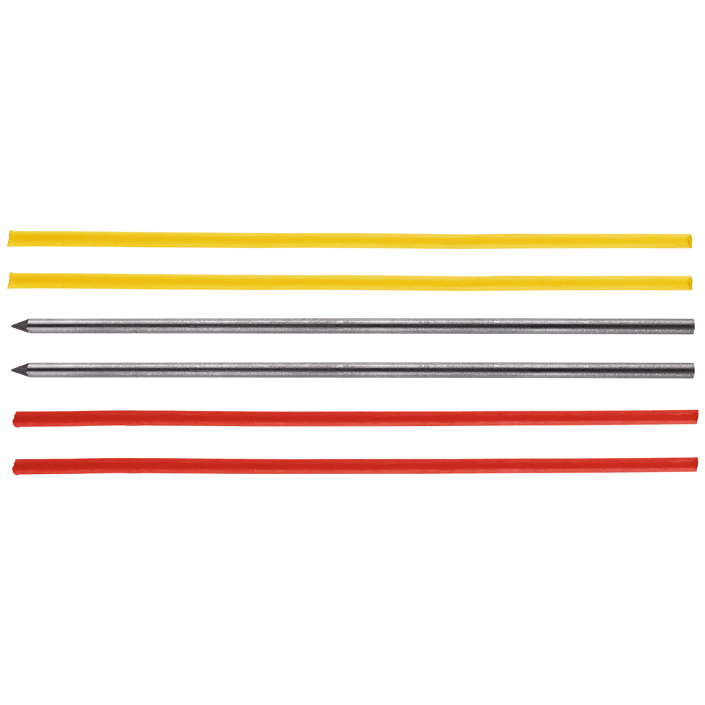 Sechs edding 8881 Baumarker Nachfüllminen (6 Stück, farblich sortiert) liegen horizontal: oben zwei gelbe, in der Mitte zwei unlackierte, unten zwei rote – alle flach und rechteckig, ideal für präzise Markierungen mit wasserfester Mine.