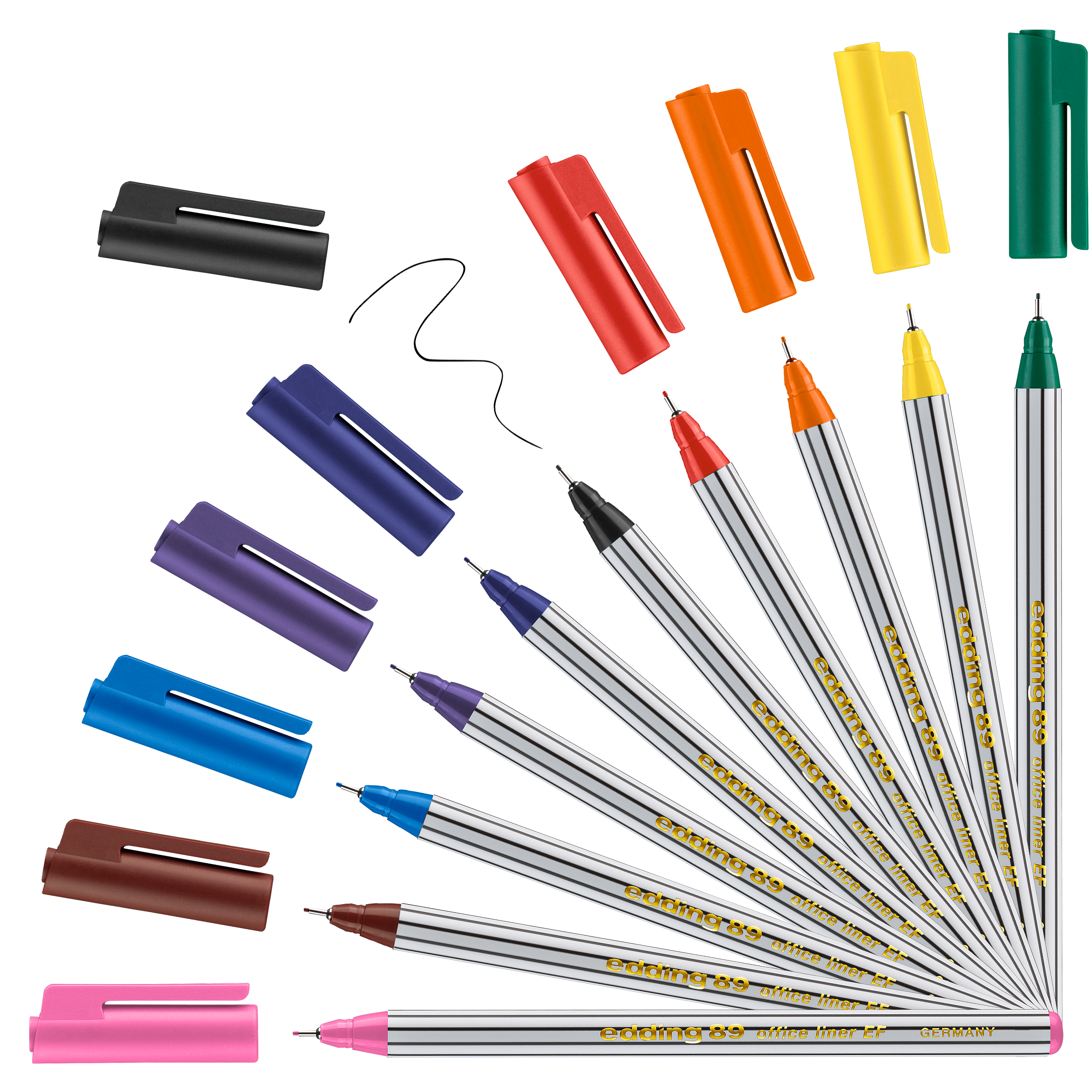 Das edding 89 Office Fineliner EF 10er-Set von edding enthält zehn Stifte mit sehr feiner Spitze, jeweils mit unterschiedlich farbiger Kappe und passender Spitze, elegant aufgefächert; die leuchtenden Kappen sind über den Stiften platziert. Hergestellt in Deutschland.