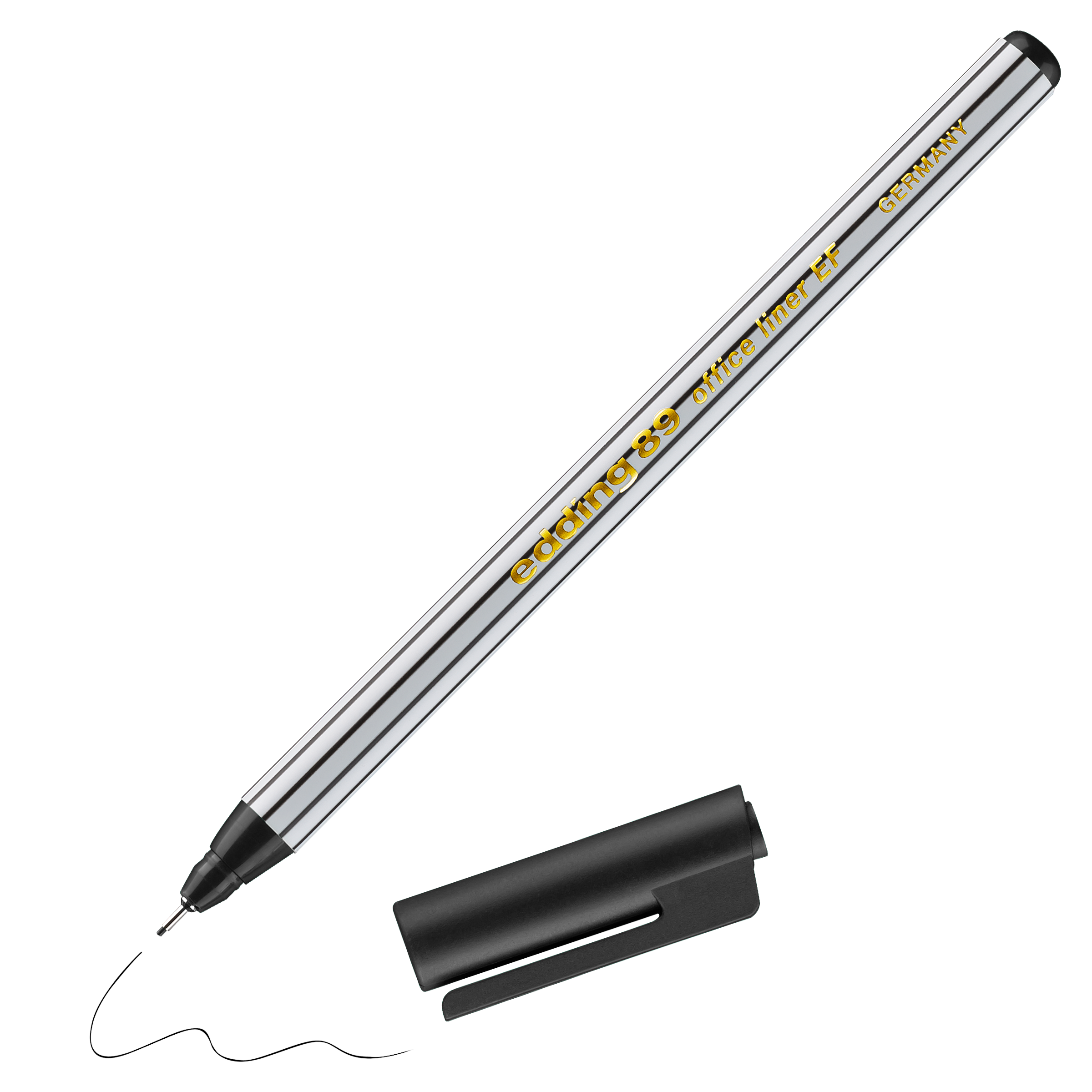 Ein edding 89 Office Fineliner EF mit schwarzer Kappe, silber-schwarz gestreift und dem gelben Schriftzug „edding, office fineliner ef“ auf dem Schaft. Er verfügt über eine metallgefasste Spitze, Tinte auf Wasserbasis und eine separate Kappe unterhalb des Stifts.