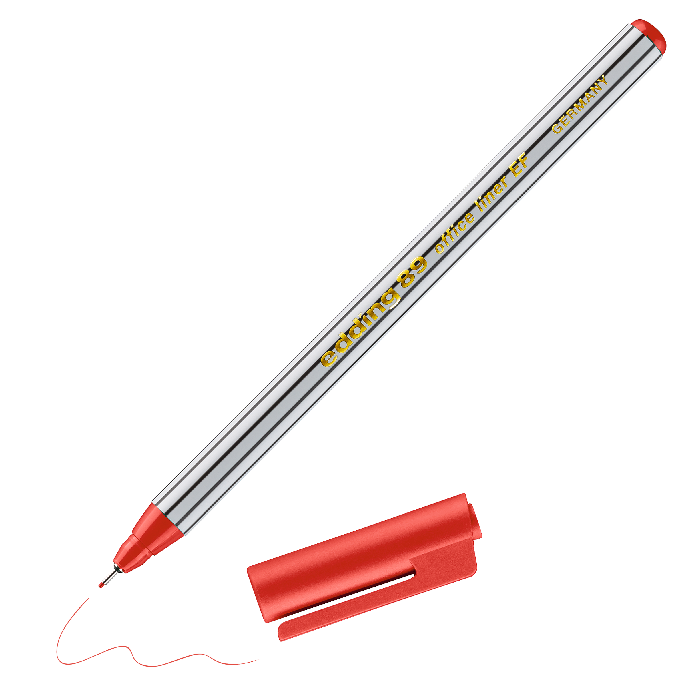 Abgebildet ist ein edding 89 Office Fineliner EF von edding ohne Kappe mit roter Kappe und silbernem Gehäuse mit goldenem Text, der mit Tinte auf Wasserbasis und metallgefasster Spitze eine rote Linie aus seiner Spitze zieht.