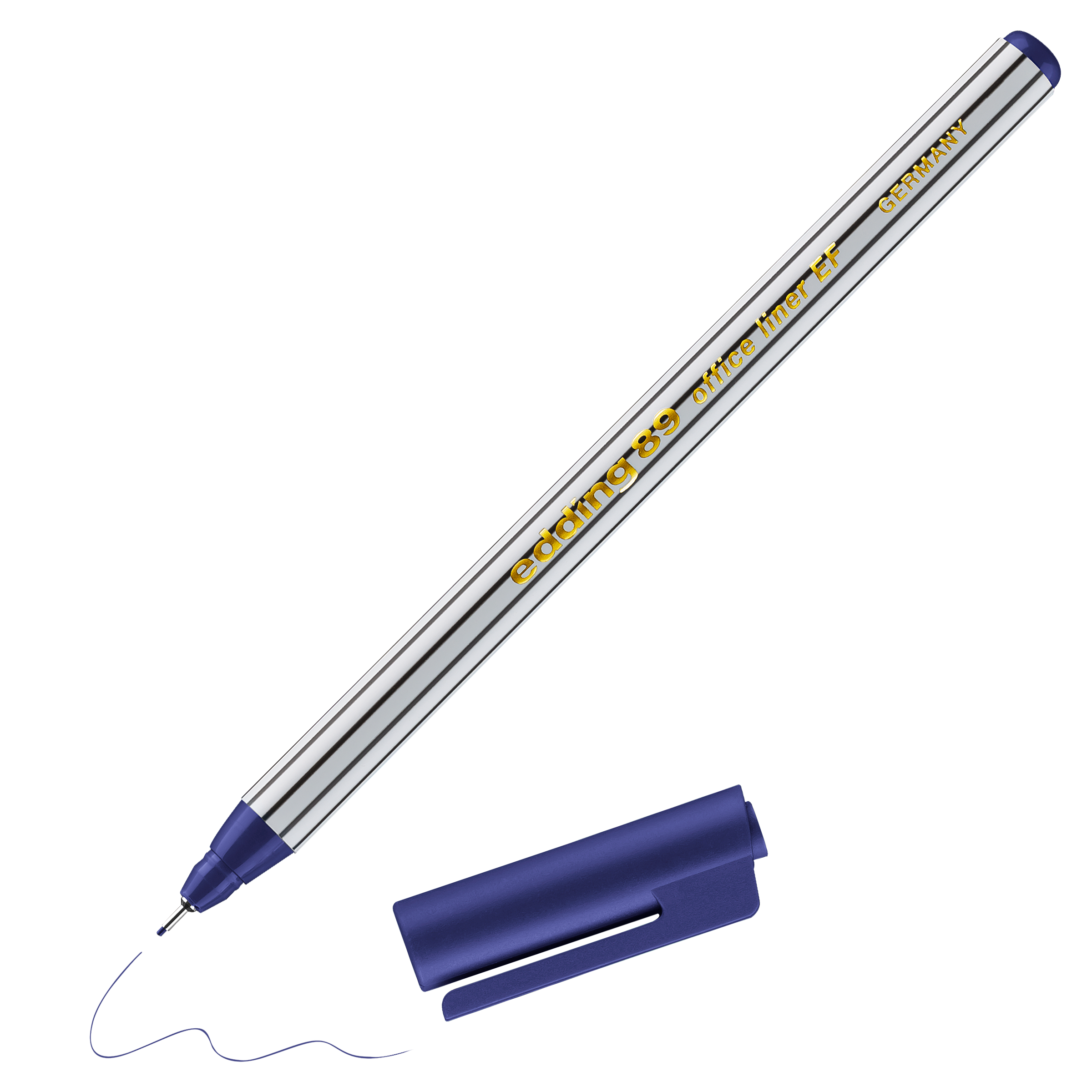 Daneben liegt ein blauer edding 89 Office Fineliner EF ohne Kappe. Der Stift hat ein silbernes Gehäuse mit blauen Streifen, gelbem edding-Logo und einer feinen Metallspitze, die mit wasserbasierter Tinte eine wellenförmige blaue Linie zeichnet.