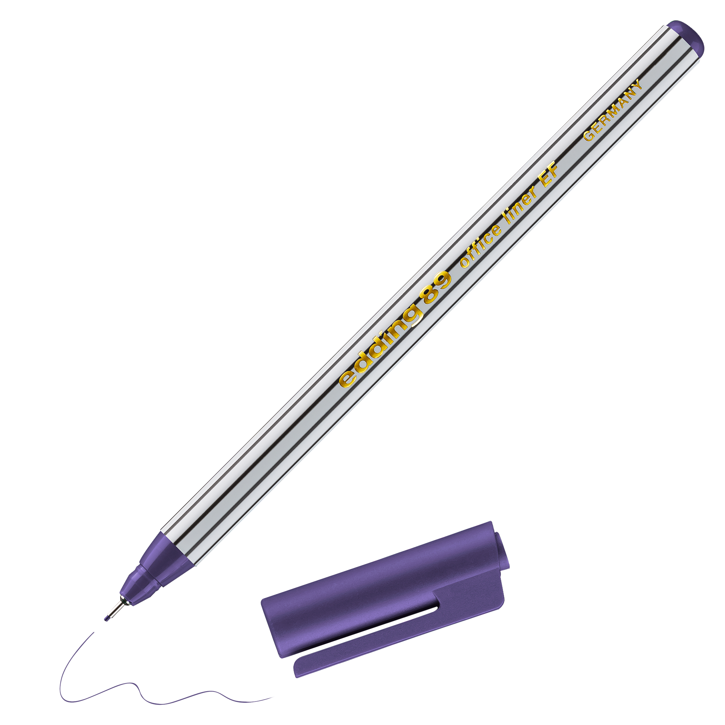 Ein edding 89 Office Fineliner EF in Lila ohne Kappe liegt neben einer verschnörkelten lila Linie, die mit wasserbasierter Tinte gezeichnet wurde. Der Stiftkörper weist silberne und schwarze Streifen auf, die mit gelbem Text akzentuiert sind.