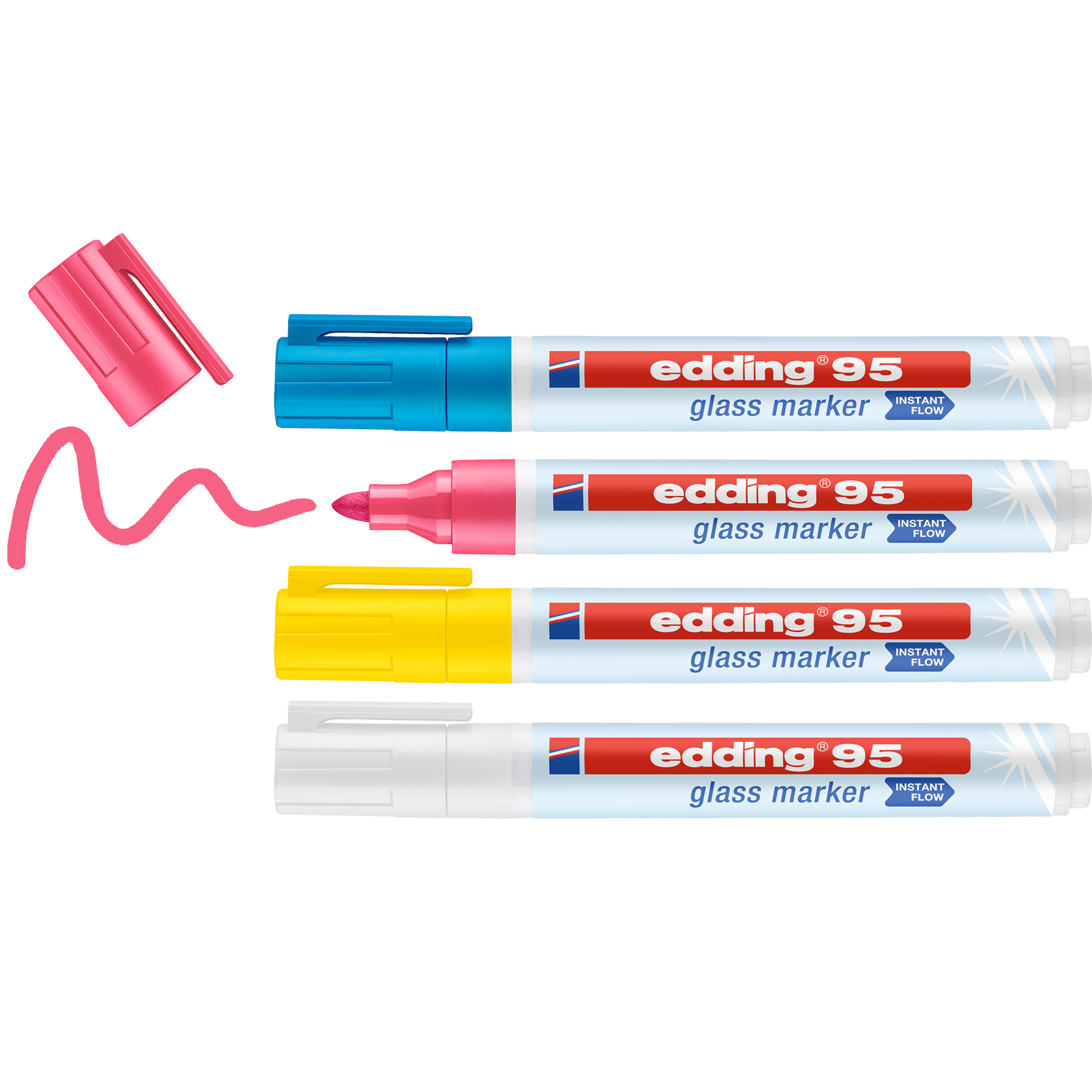 Das edding 95 Glasmarker 4er-Set von edding enthält blaue, pinke, gelbe und weiße Marker, die horizontal angeordnet sind. Die Kappe des pinken Markers ist abgenommen und zeigt eine pinke Linie – ideal zum Schreiben auf Glas. Die anderen Marker sind mit einer Kappe versehen.