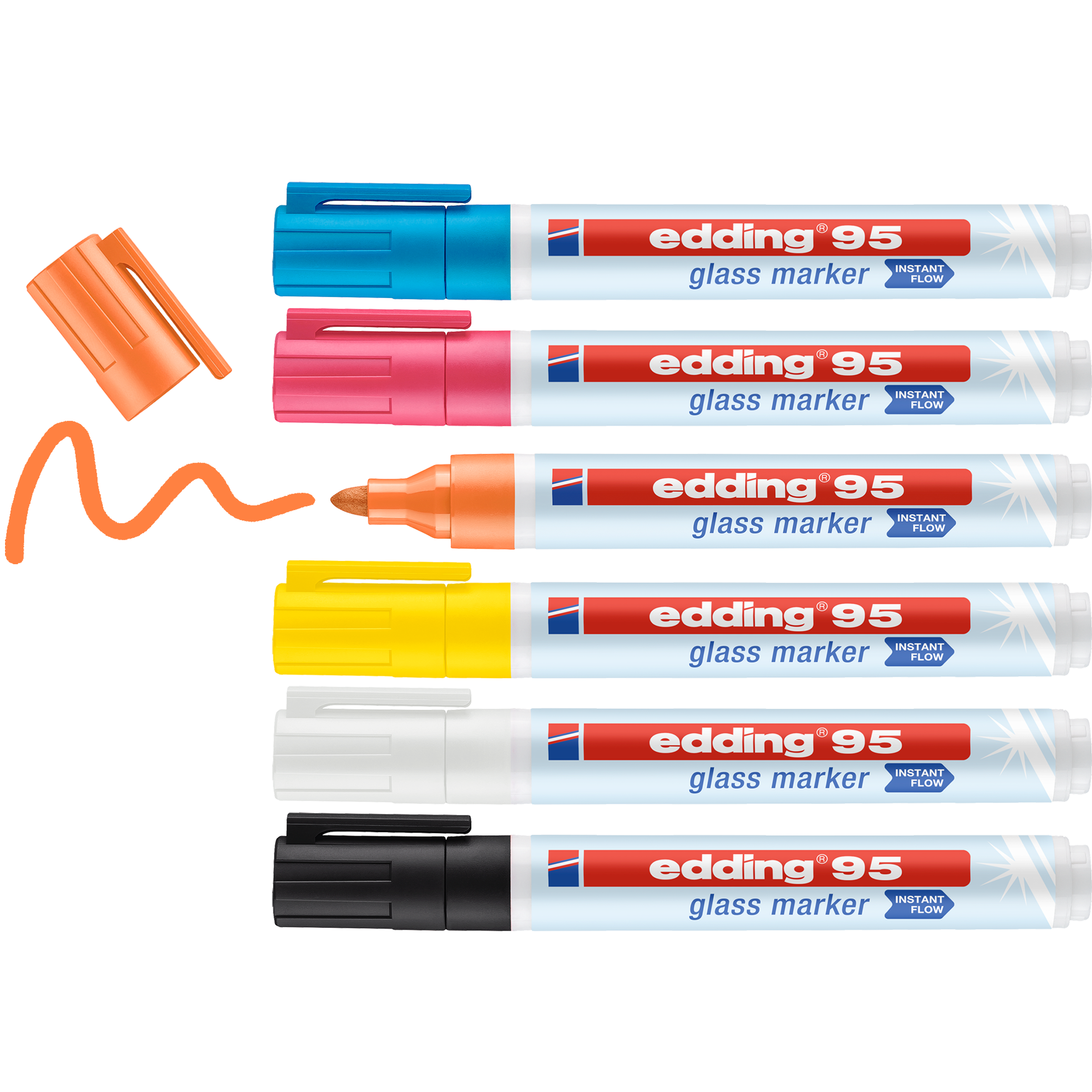 Das edding 95 Glasmarker 6er-Set von edding enthält gestapelte blaue, rosa, orange, gelbe, weiße und schwarze Marker. Der unbedeckte orangefarbene Marker zeichnet eine Wellenlinie – ideal für abwischbare Beschriftung auf Glas.