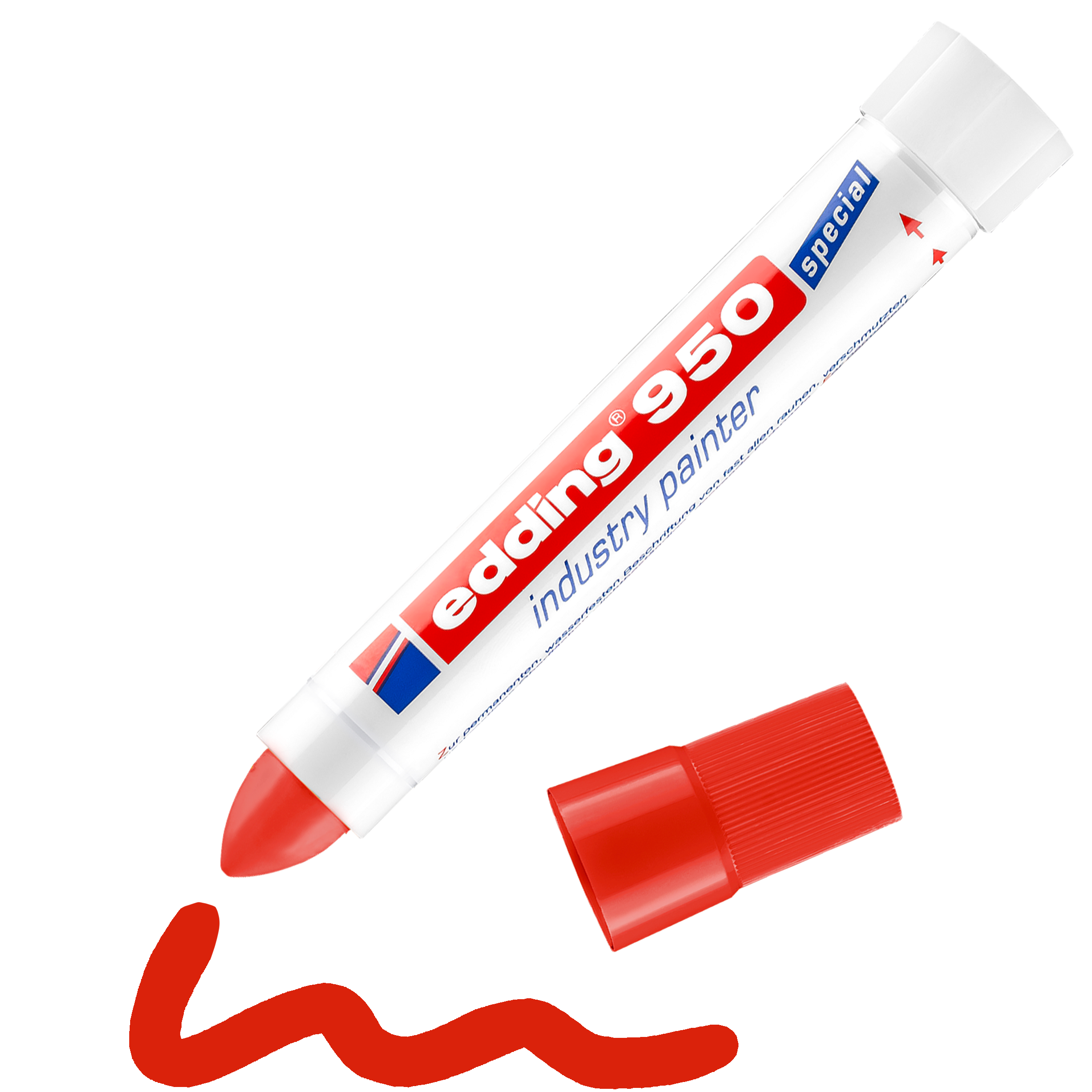 Ein edding 950 Industrie Pastenmarker von edding in Rot liegt neben einer wellenförmigen roten Linie – ideal für hitzebeständige Markierungen und industrielle Kennzeichnungen.