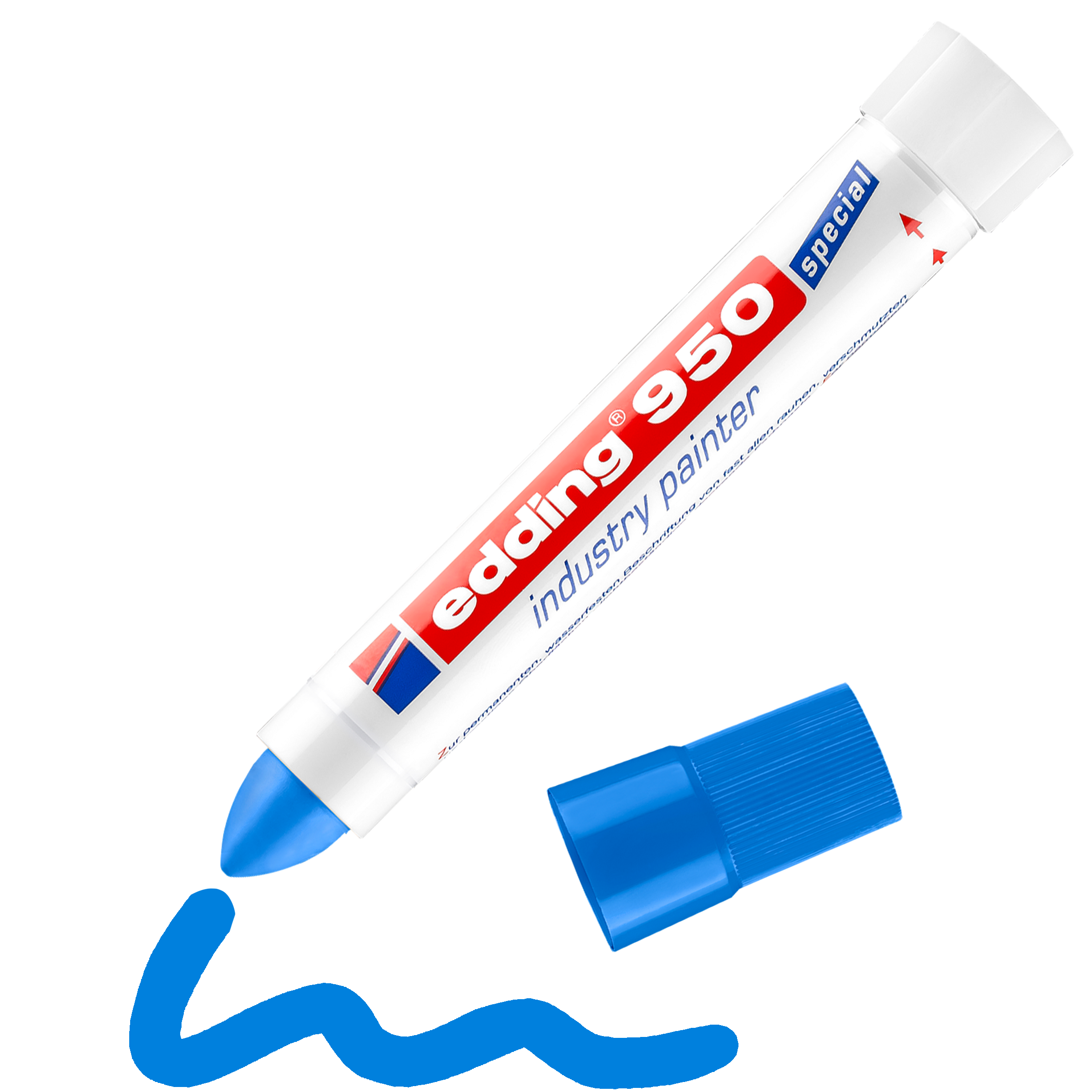 Ein großer blauer edding 950 Industrie Pastenmarker zeichnet, wenn er ohne Kappe daneben gelegt wird, eine wellenförmige blaue Linie – ideal für industrielle Markierungen.