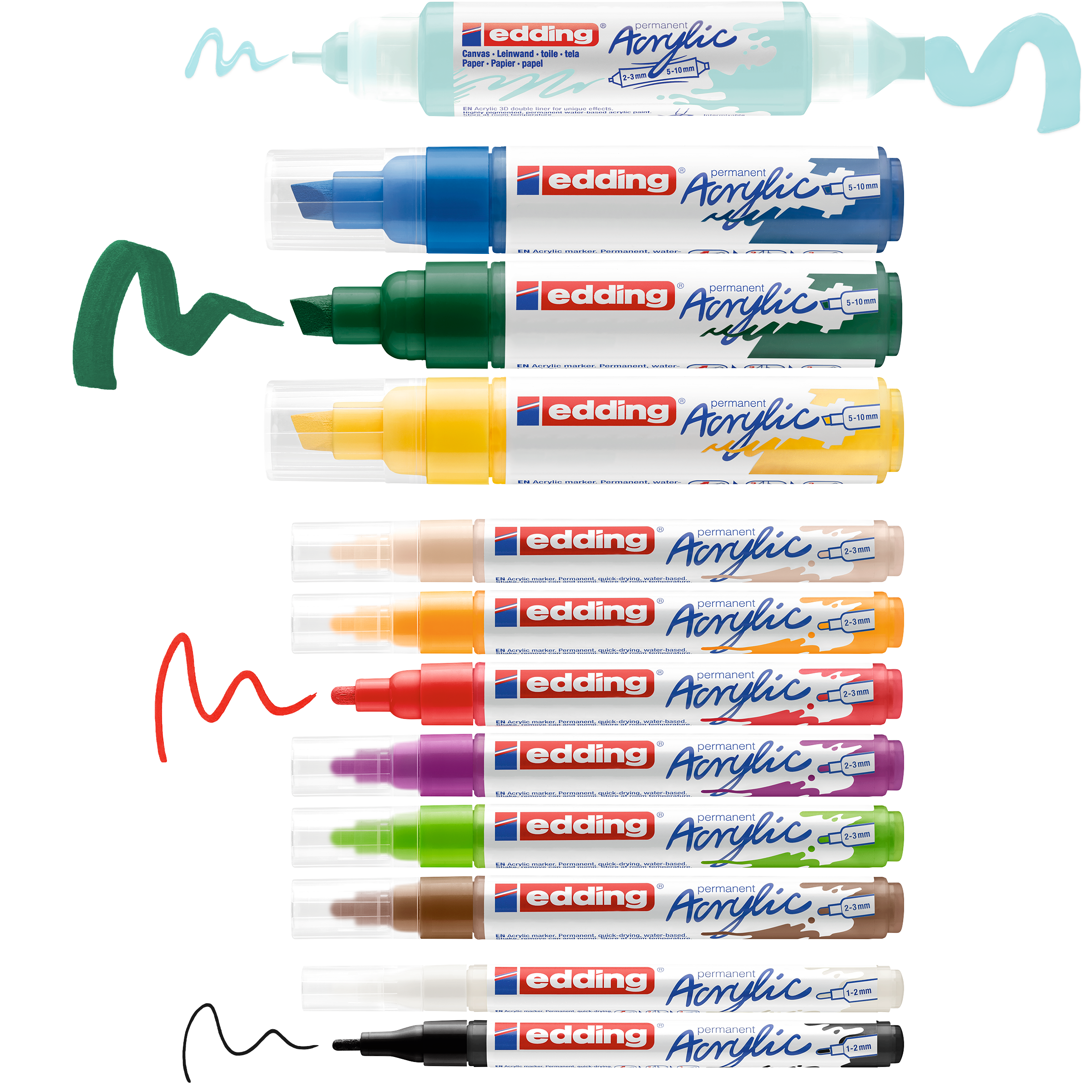 Das edding Acryl Starterset Basic von edding beinhaltet acht Acrylmarker in Hellblau, Grün, Gelb, Orange, Rot, Braun, Lila und Schwarz – vertikal angeordnet wie ein leuchtendes Set und jeweils in Deutschland hergestellt für kräftige Farbgebung.