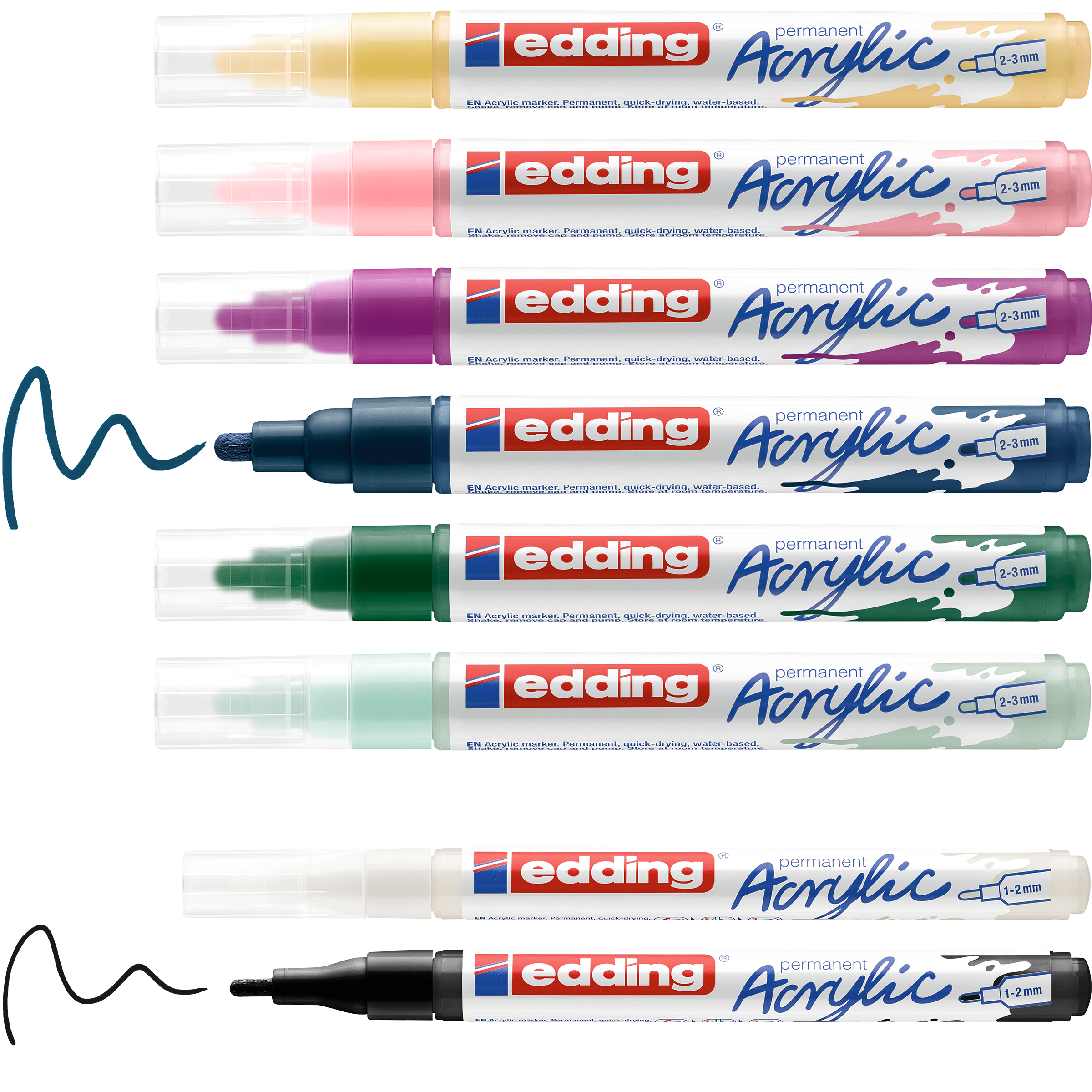 Das edding Acryl Starterset Nordic enthält sieben leuchtende Permanent-Acrylmarker in Pastellgelb, Pink, Violett, Blau, Grün, Weiß und Schwarz. Jeder Marker ist horizontal angeordnet und mit wellenförmigen Farbfeldern und Beschriftungen versehen.